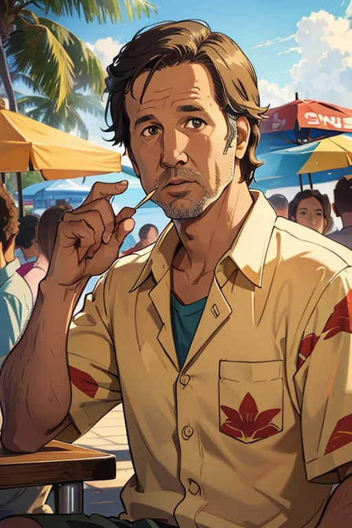Portrait of Chevy Chase, toothpick, raised eyebrow, hawaiian shirt, martini, crowd of onlookers