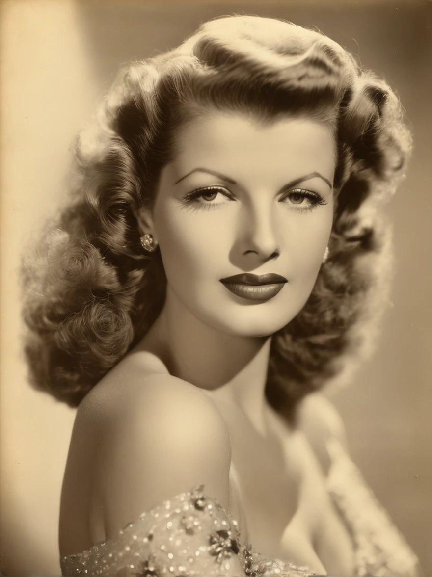 Vintage portrait photo of Rita Hayworth, sepiatone, klassische Studiofotografie, zarte Merkmale,