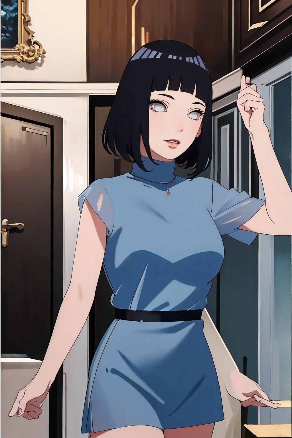 (Masterpiece - Ultra-Detailed, High Resolution) Prepare to be enchanted by a true masterpiece that combines ultra-detailed art with high-resolution rendering. This work shows a mesmerizing woman, with short, light black hair, 1950s style, Hinata (1.3) and captivating dark brown eyes (1.2), New York illustration style, wearing (red lipstick), emanating an aura of elegance and mystery. Wearing classic 1950s clothing. sexy. Intricate details and realistic textures invite you to explore every aspect of this enchanting composition. Transparent blue dress. Dancing lithly, dynamic poses, mouth closed. Different posture. . Get ready to dive into a world where beauty and craftsmanship merge perfectly.