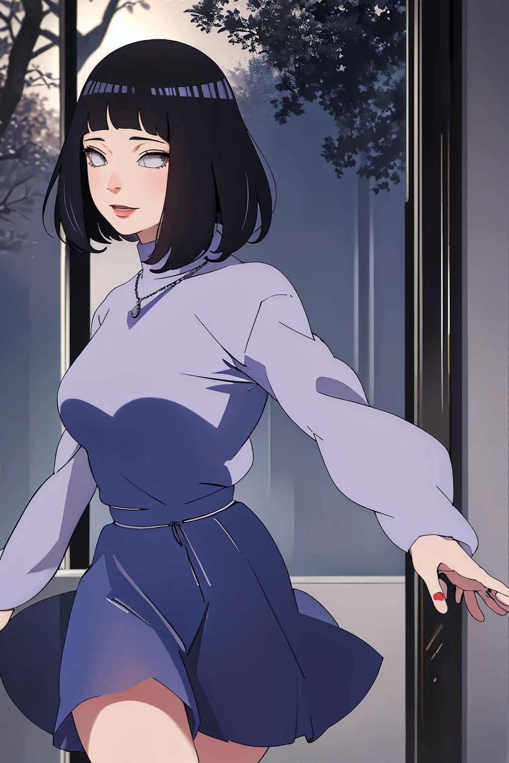 (Masterpiece - Ultra-Detailed, High Resolution) Prepare to be enchanted by a true masterpiece that combines ultra-detailed art with high-resolution rendering. This work shows a mesmerizing woman, with short, light black hair, 1950s style, Hinata (1.3) and captivating dark brown eyes (1.2), New York illustration style, wearing (red lipstick), emanating an aura of elegance and mystery. Wearing classic 1950s clothing. sexy. Intricate details and realistic textures invite you to explore every aspect of this enchanting composition. Transparent blue dress. Dancing lithly, dynamic poses, mouth closed. Different posture. . Get ready to dive into a world where beauty and craftsmanship merge perfectly.