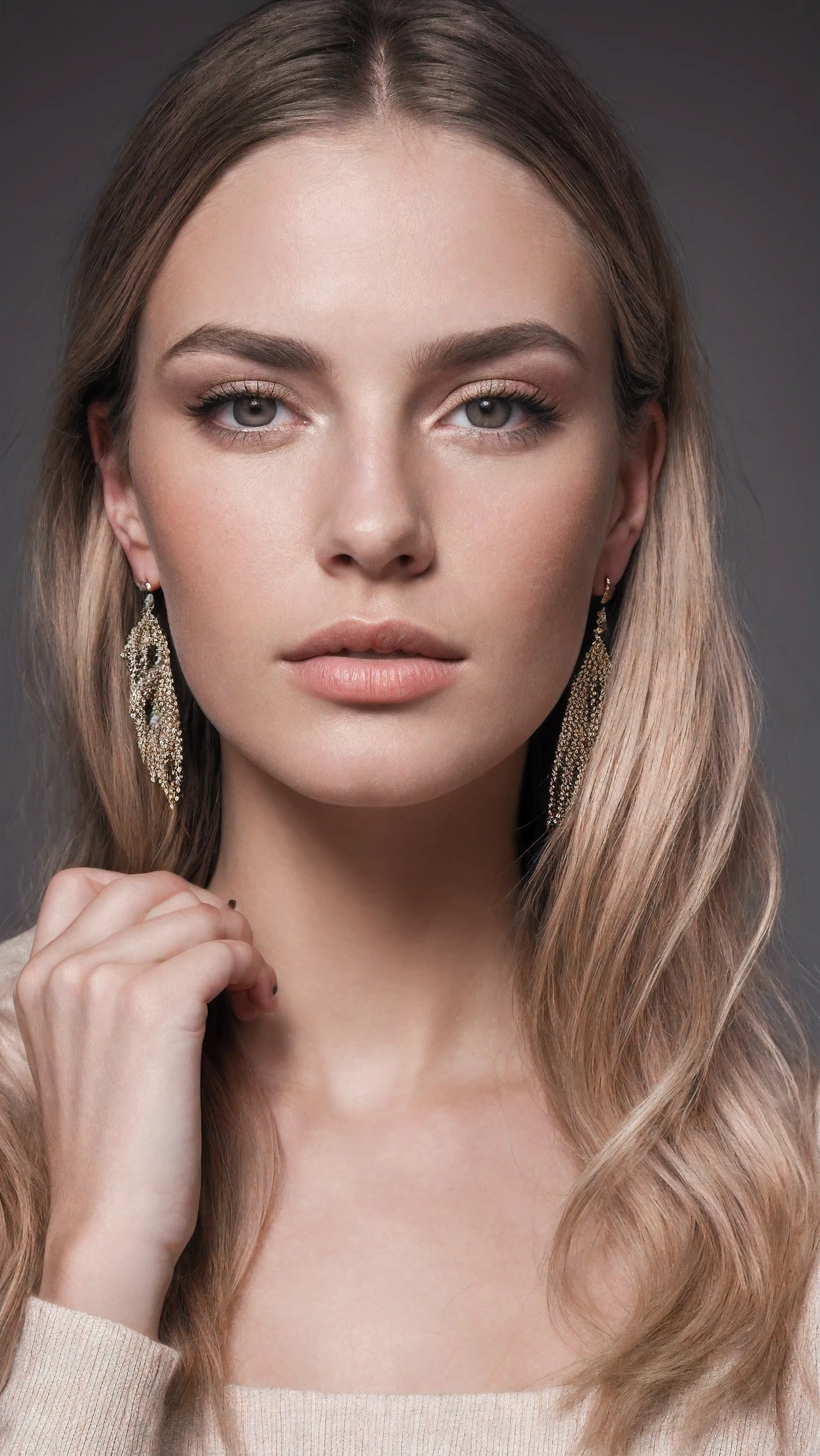 1girl,blonde hair,cowboy shot,earrings,gradient,gradient background,grey background,jewelry,lips,long hair,long sleeves,looking at viewer,nail polish,nose, RAW candid cinema, 16mm, color graded portra 400 film, remarkable color, ultra realistic, textured skin, remarkable detailed pupils, realistic dull skin noise, visible skin detail, skin fuzz, dry skin, shot with cinematic camera