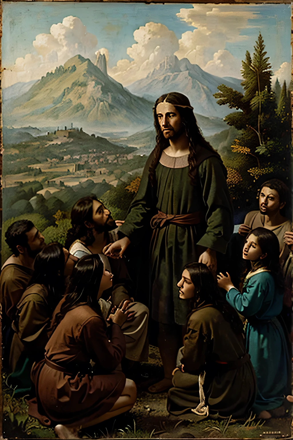 pintura no estilo leonardo da vinci, of Jesus on a mountain with disciples looking on in awe