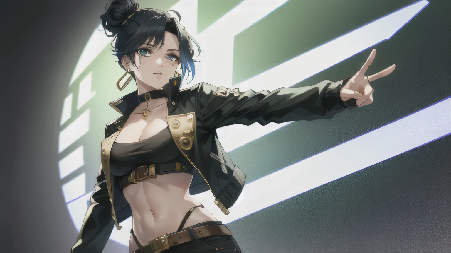 best quality, masterpiece, 8k wallpaper, absurd, highres, ultra detailed, (****ung beautiful girl, solo: 1.1), piercing eyes, navel, fingerless gloves, black cropped jacket with golden dragon pattern, gold dragon patterned jacket, crop top black, multicolored hair, single hair bun belt (loanword) ï1/4, earrings, black hair, black crop top, midriff, make-up, green hair, open jacket, two-tone hair, open shirt, blue eyes, lips, triangle earrings, gold belt, black hair, breasts, black pants, hoop earrings, standing, black gloves, blue hair, zipper, BREAK