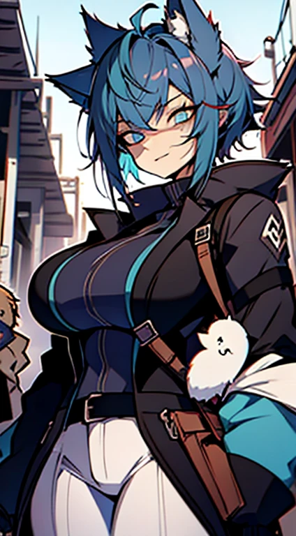 1girl, short_rebellious_hairblue_hair, blue_eyes, scary_eyes, short_hair, hair just blue, expression would be, looking_at_vi ewer, holding, shirt, pant, animal_ears, blue_ ears, wolf_woman, blue_tail, body_perfect, Milf_body, female_body_muscular, scar_on_thighs, scar_on_the abdomen, hunter_outfit_black