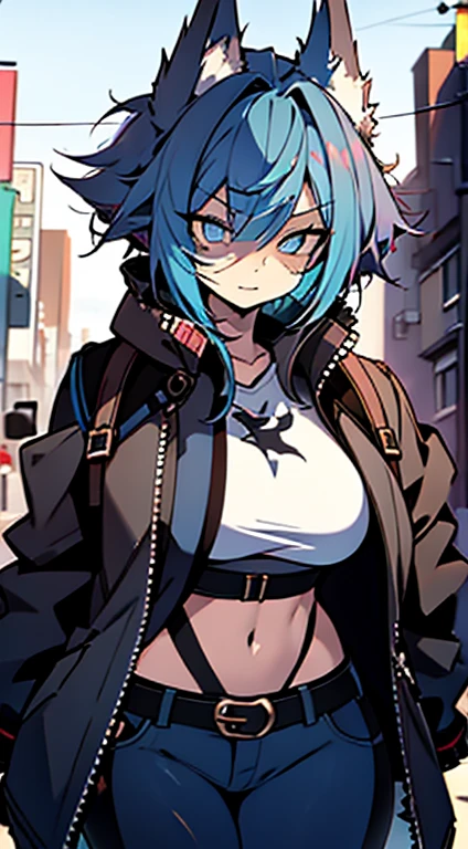 1girl, short_rebellious_hairblue_hair, blue_eyes, scary_eyes, short_hair, hair just blue, expression would be, looking_at_vi ewer, holding, shirt, pant, animal_ears, blue_ ears, wolf_woman, blue_tail, body_perfect, Milf_body, female_body_muscular, scar_on_thighs, scar_on_the abdomen, hunter_outfit_black