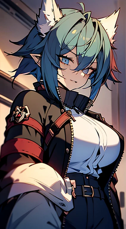 1girl, short_rebellious_hairblue_hair, blue_eyes, scary_eyes, short_hair, hair just blue, expression would be, looking_at_vi ewer, holding, shirt, pant, animal_ears, blue_ ears, wolf_woman, blue_tail, body_perfect, Milf_body, female_body_muscular, scar_on_thighs, scar_on_the abdomen, hunter_outfit_black