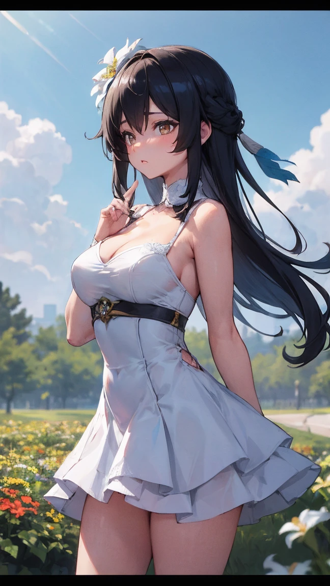 Luz | impacto genshin, obra maestra, mejor calidad, 1 chicas,25 years, proporcional body, proporcional., Vestidos de novia, Vestido de novia blanco, Falda larga, boda, pechos medianos, ,bara, gargantilla, Standing in the middle of a flower garden, exterior, boda, el cielo es hermoso, arm behind the back, Ver a los espectadores desde el frente., correa del muslo, nod, aburrido, 10, 10, High Definition, leve sonrisa,