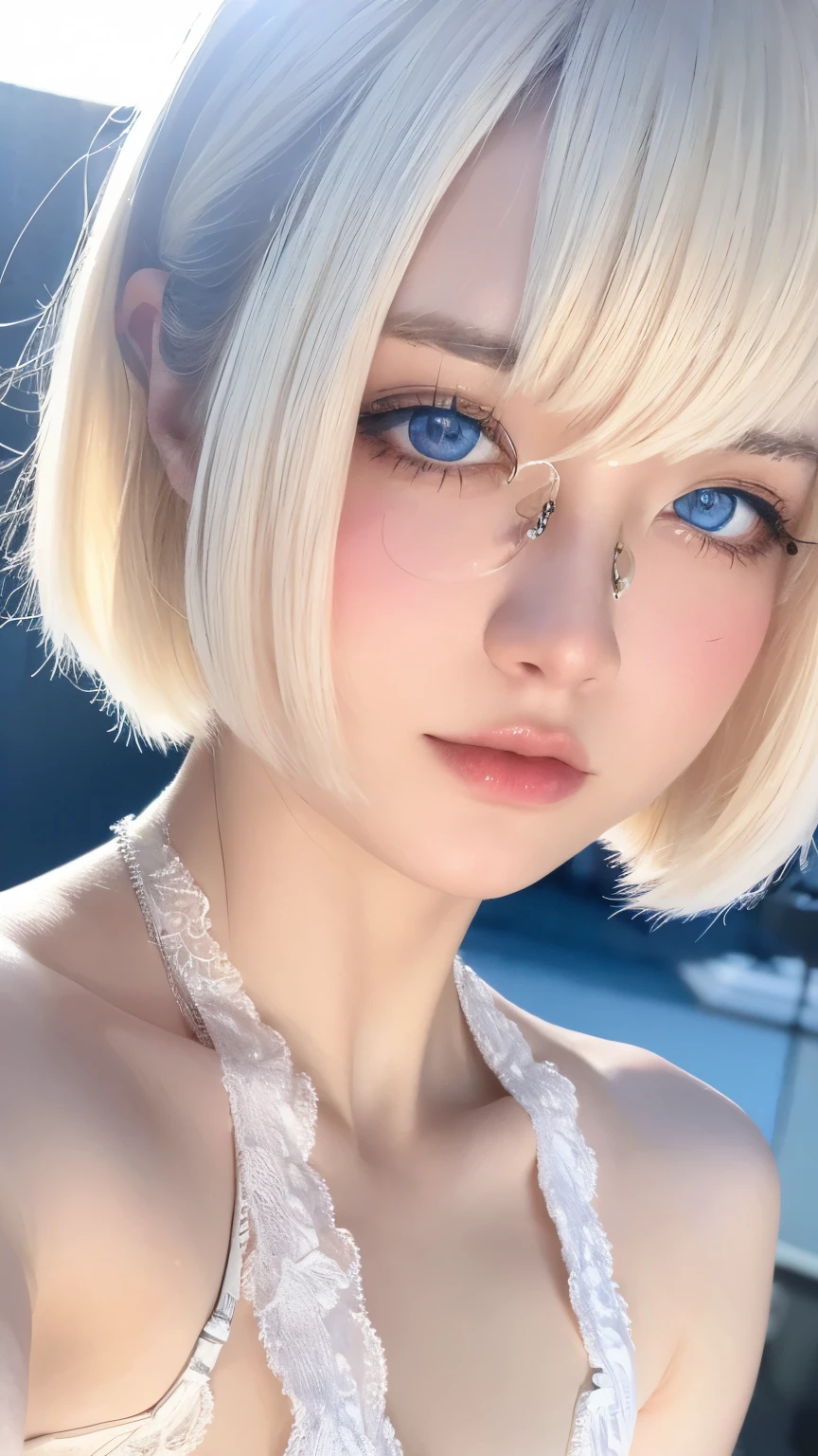 Beautiful and fair、Radiant Skin, 3 Up, Gorgeous, bright, Refreshing and gentle expression, Perfect beautiful face、Blonde short hair, A very beautiful 17 year old girl, Eyeliner, Very perfect and beautiful lovely big clear sky blue eyes,Very large breasts,Grooves reveal original skin,Muscular body,Silver glasses,Tight lace lingerie,