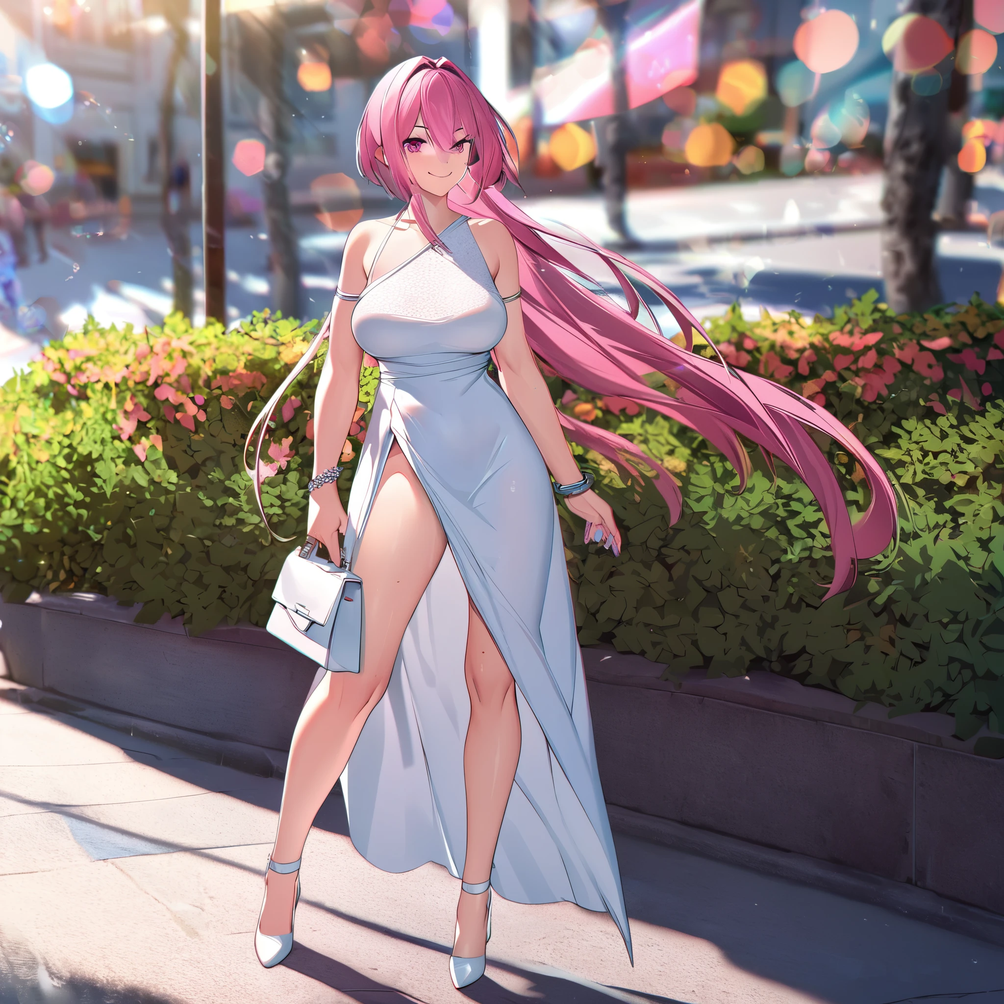 A woman wearing a long white dress, exposed leg, white heels, walking on a sidewalk in a modern city, silver bracelet on her arm, long hot pink hair with gray fringes, pink eyes, smiling, big breasts, pink nails, blurred background, holding a white leather bag,
projected shadow, anaglyph, stereogram, tachi-e, dot view, atmospheric perspective, 8k, superdetail, accurate, best quality, award-winning, textured skin, high resolution, anatomically correct, bokeh effect, ((solo woman)