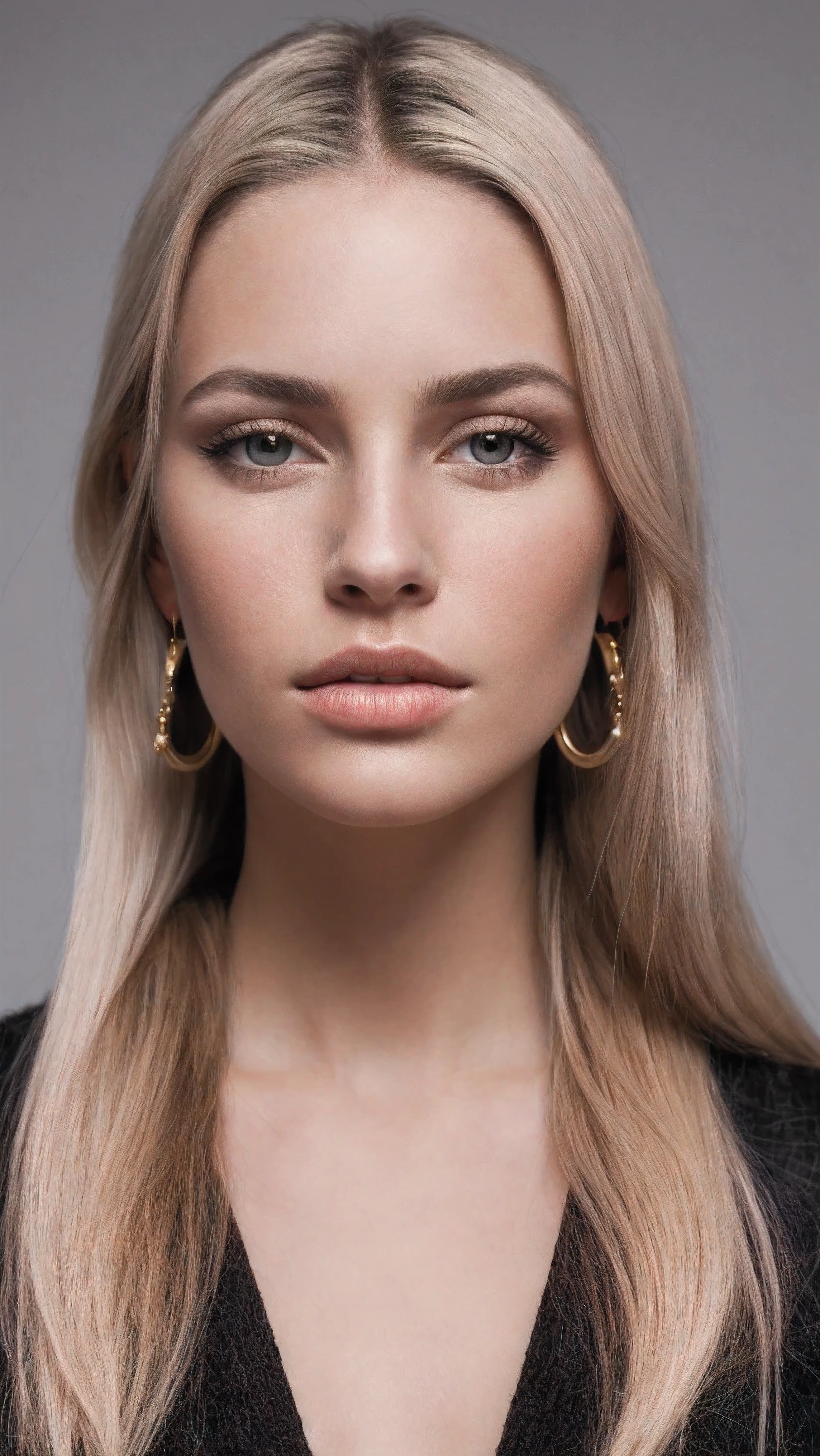 1girl,blonde hair,cowboy shot,earrings,gradient,gradient background,grey background,jewelry,lips,long hair,long sleeves,looking at viewer,nail polish,nose, RAW candid cinema, 16mm, color graded portra 400 film, remarkable color, ultra realistic, textured skin, remarkable detailed pupils, realistic dull skin noise, visible skin detail, skin fuzz, dry skin, shot with cinematic camera