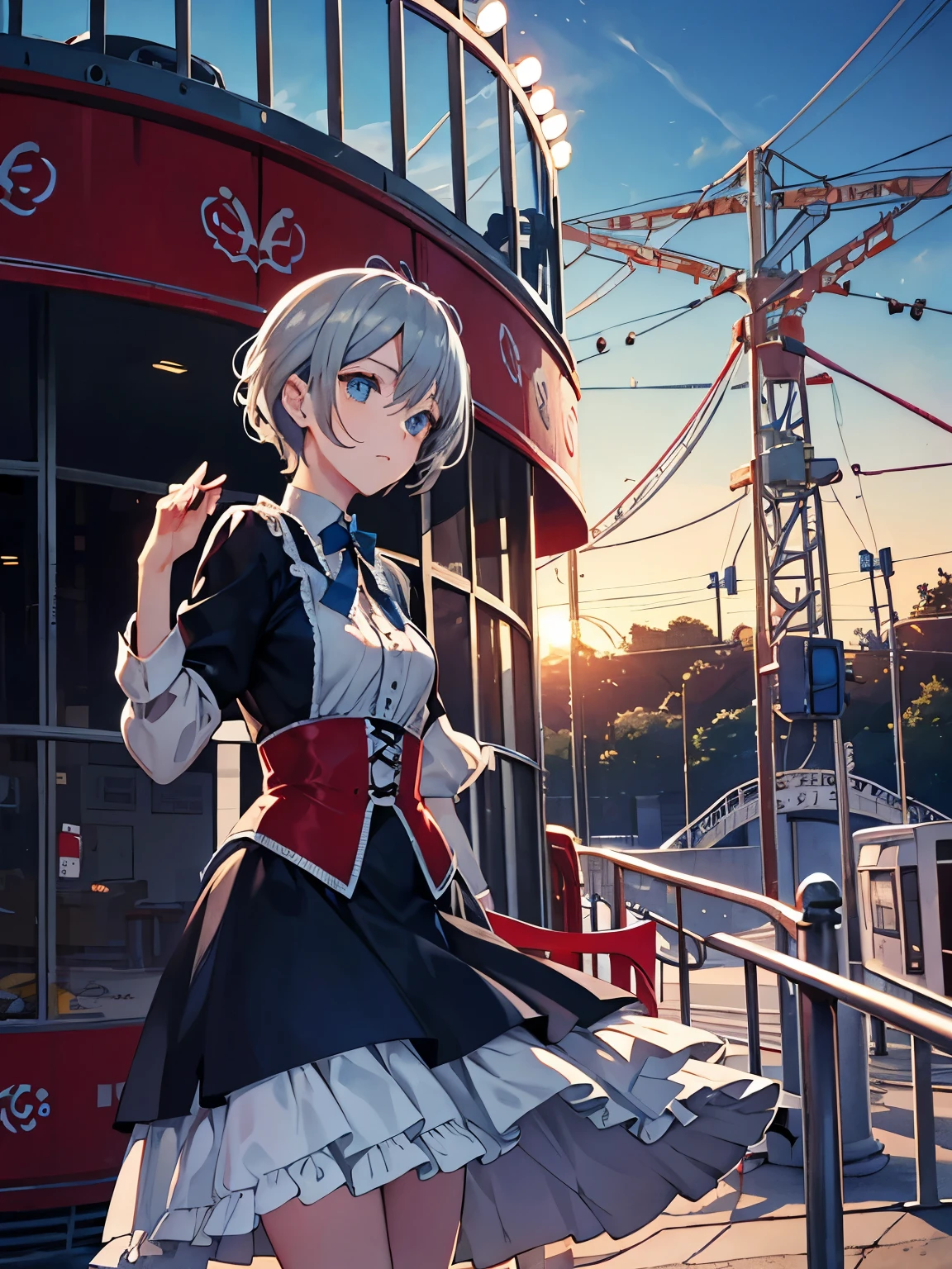 blue eyes Gray Hair Showa Retro Short Hair White lace dress Carousel amusement park