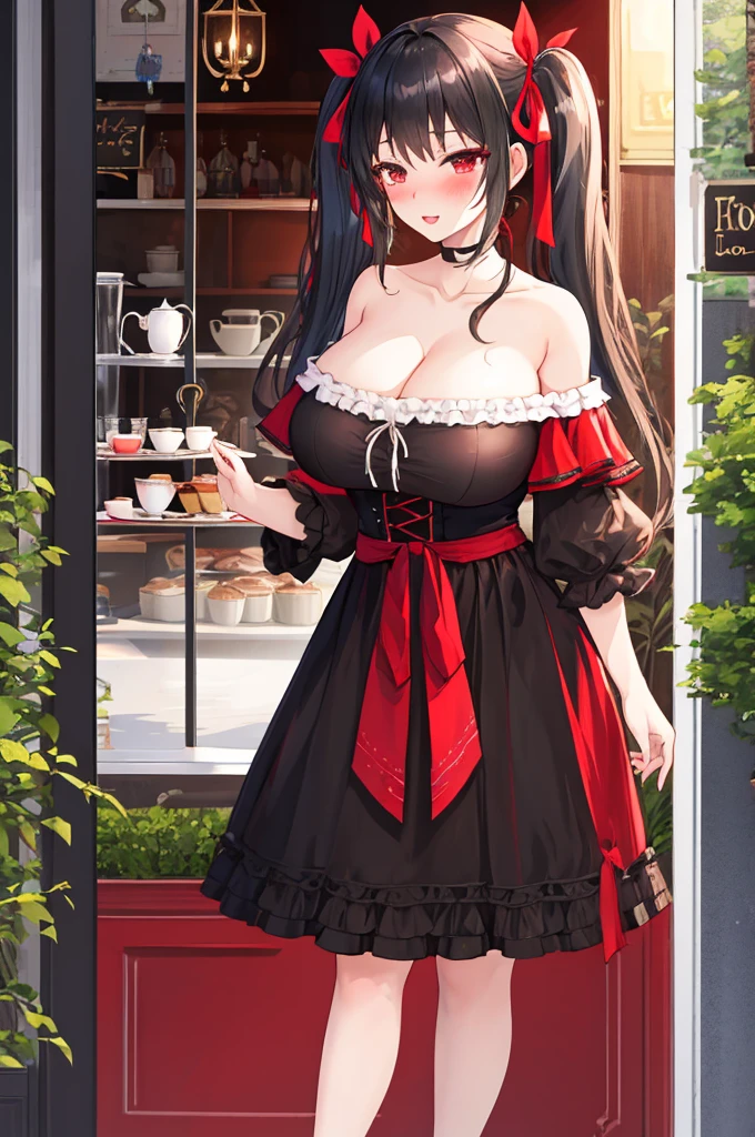 A woman with big ,Gorgeous woman,Mature,ahegao,Black long hair,twintails,Exquisite,(((transparent))),Red ribbon,Red ta,Off-shoulder,Cleavage,Slim waist,pubic,blush,Coffee Shop,afternoon tea,