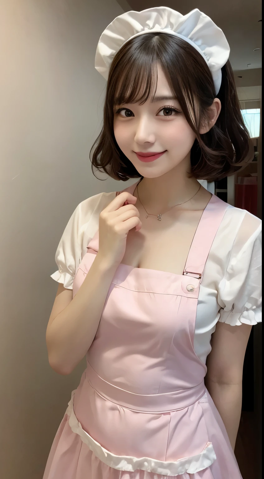 whole body, highest quality, shape, Very detailed, In detail, High resolution, 8k wallpaper, Perfect dynamic composition, Beautiful details, Pink maid outfit,Medium Hair, Center of chest, Natural color lip, Random sexy poses,smile,maid Cafe，Small headband，
