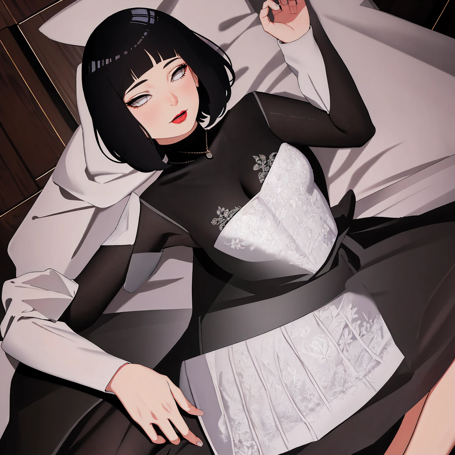 (Masterpiece - Ultra-Detailed, High Resolution) Prepare to be enchanted by a true masterpiece that combines ultra-detailed art with high-resolution rendering. This work shows a mesmerizing woman, with short, light black hair, 1950s style, Hinata (1.3) and captivating dark brown eyes (1.2), New York illustration style, wearing (red lipstick), emanating an aura of elegance and mystery. Wearing classic 1950s clothing. sexy. Intricate details and realistic textures invite you to explore every aspect of this enchanting composition. Transparent black dress. Laying down, dynamic poses, mouth closed. Different posture. . Get ready to dive into a world where beauty and craftsmanship merge perfectly.