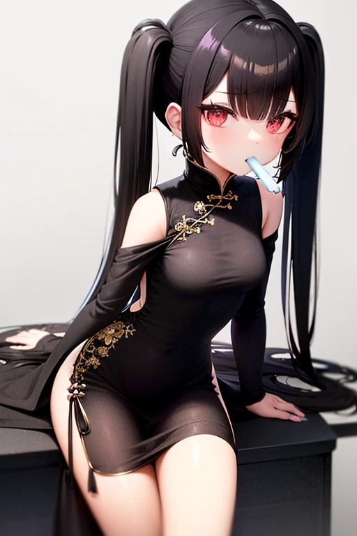 Girl, (Black Chinese Dress:1.5) , Black Hair , Iris ,(Small breasts:1.2) , Twin tails , Small stature , Eating popsicles ,