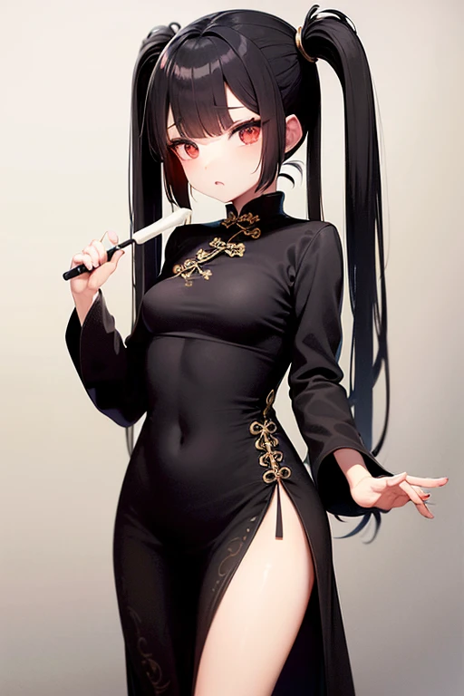 Girl, (Black Chinese Dress:1.5) , Black Hair , Iris ,(Small breasts:1.2) , Twin tails , Small stature , Eating popsicles ,