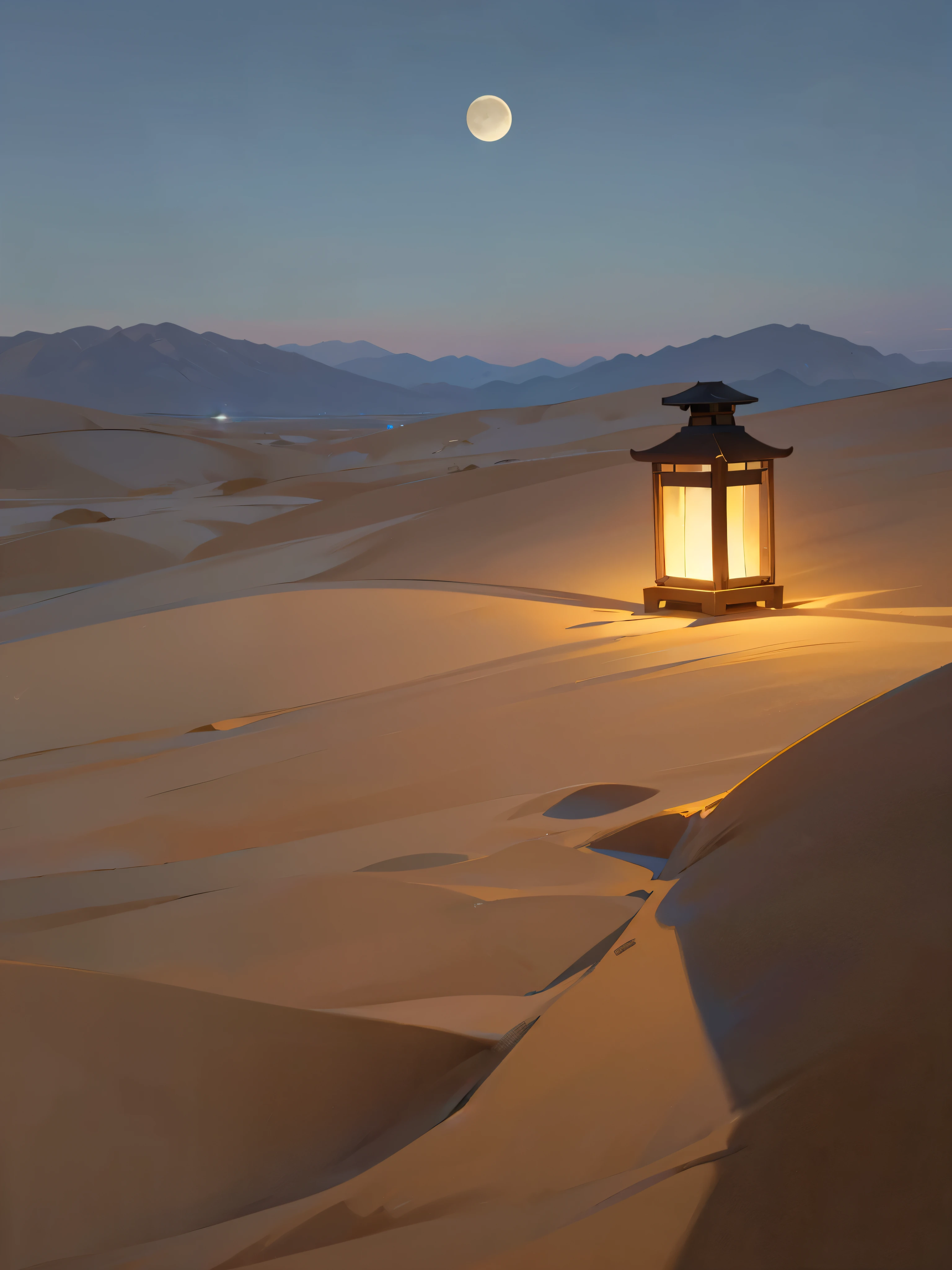 calm night desert, no people, cinematic. moon above. small lantern in the distance.