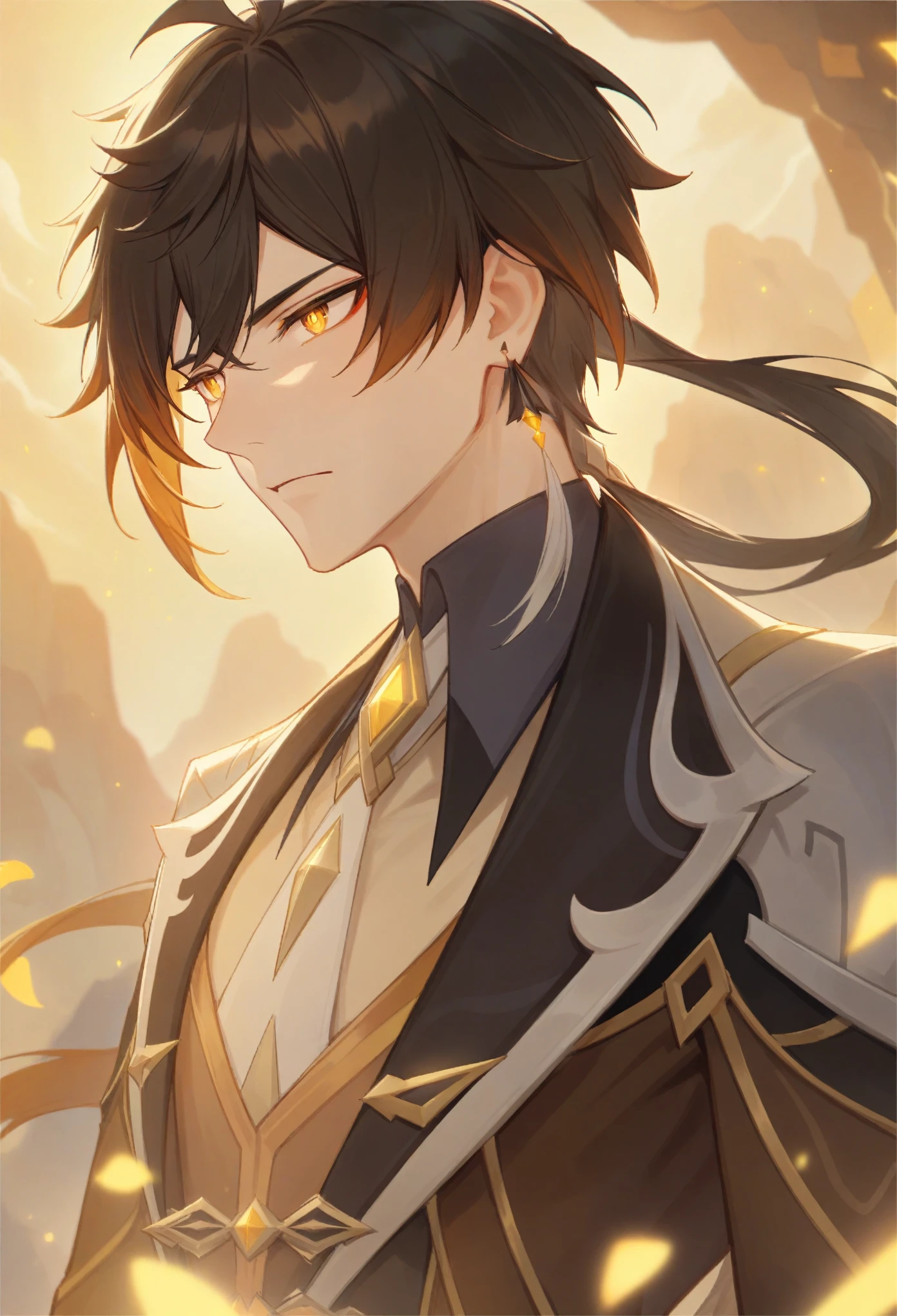 (masterpiece),best quality,very aesthetic,absurdres,1boy, zhongli_/(archon/)_/(genshin_impact/), guweiz, intense gold eyes,mature_male, wide shoulders, narrow eyes, full body, by aoi nanase, cel shading, fantasy china background, liyue, mountains, gold tattoos, melancholy, osmanthus flowers,male focus,solo,long hair,bangs,jewelry,earrings,ponytail,contemplative, thoughtful, calm, serene, red eyeliner, ultra-detailed eyes, volumetric lighting, sunset, golden illumination, rich saturated colors