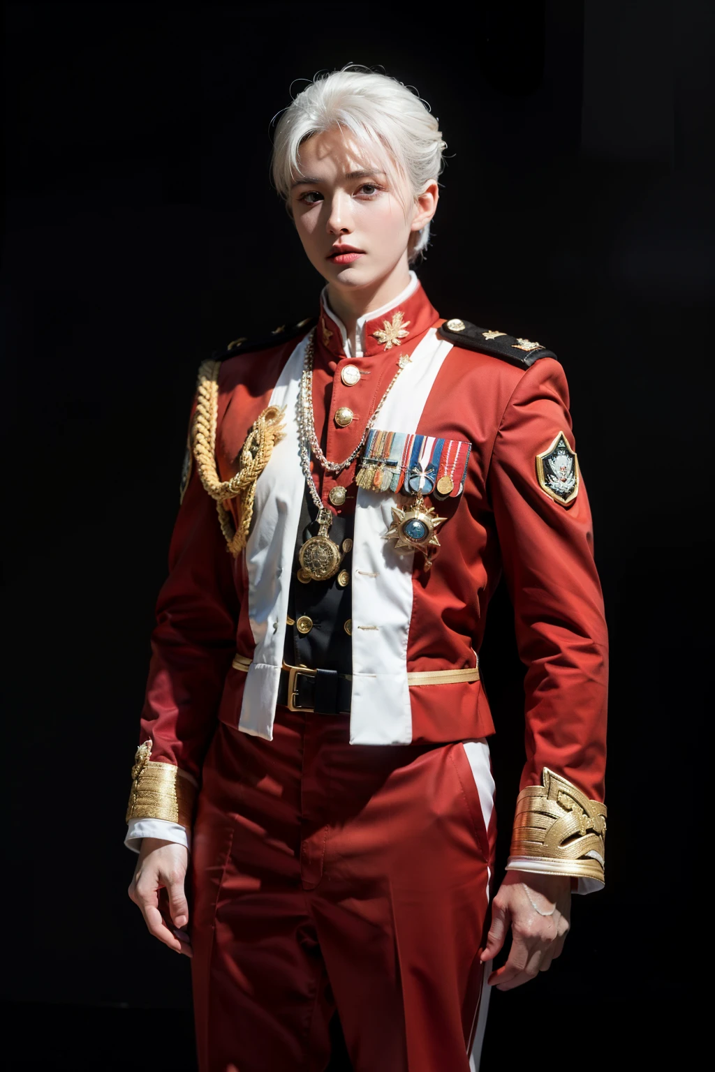 ((best quality)), ((masterpiece)), (detailed), Perfect face,military uniform,Will be handsome,major,pioneer,flash drive,White hair,Red pupil,woman,Standing、whole body
