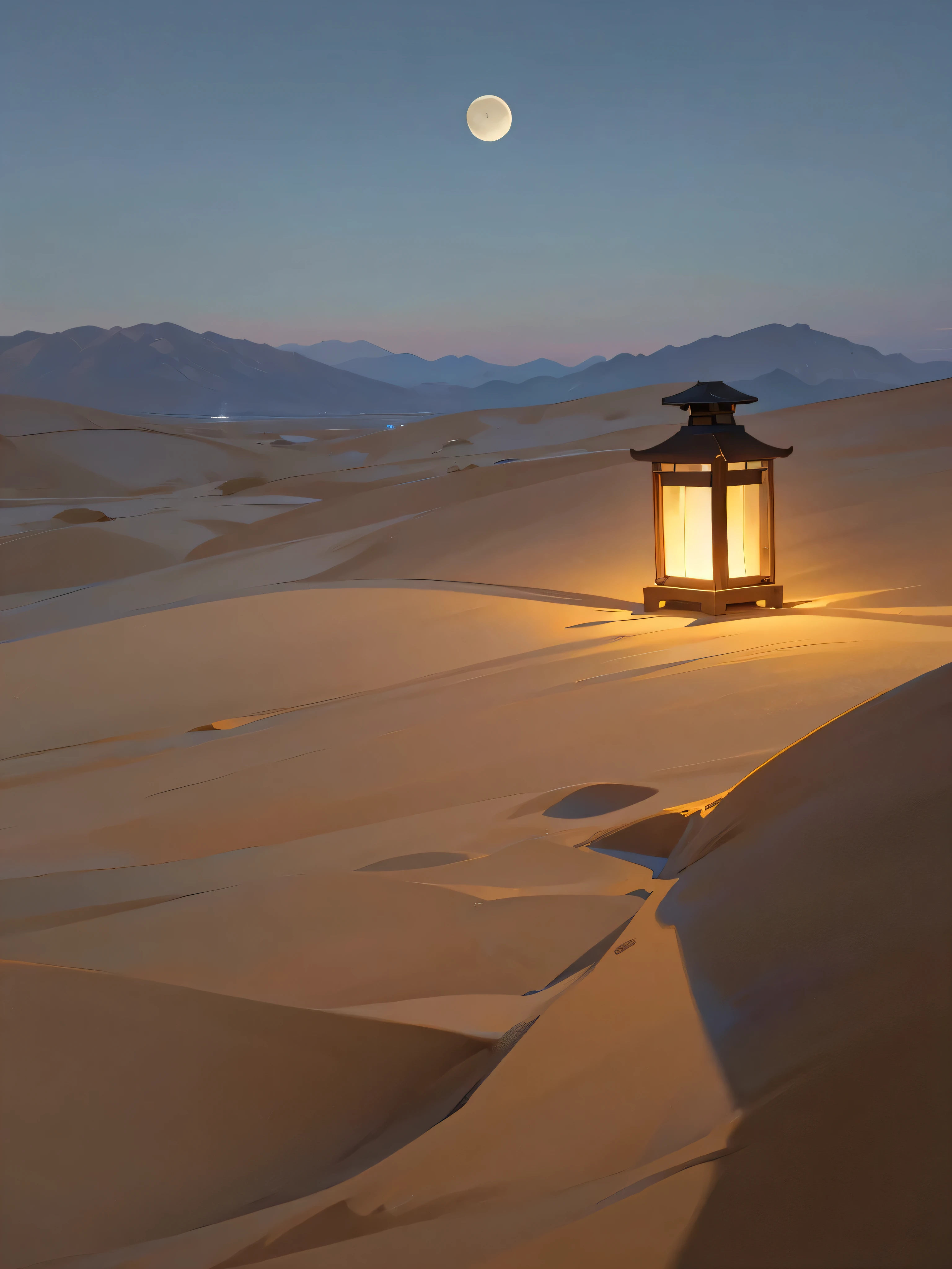 calm night desert, no people, cinematic. moon above. small lantern in the distance.