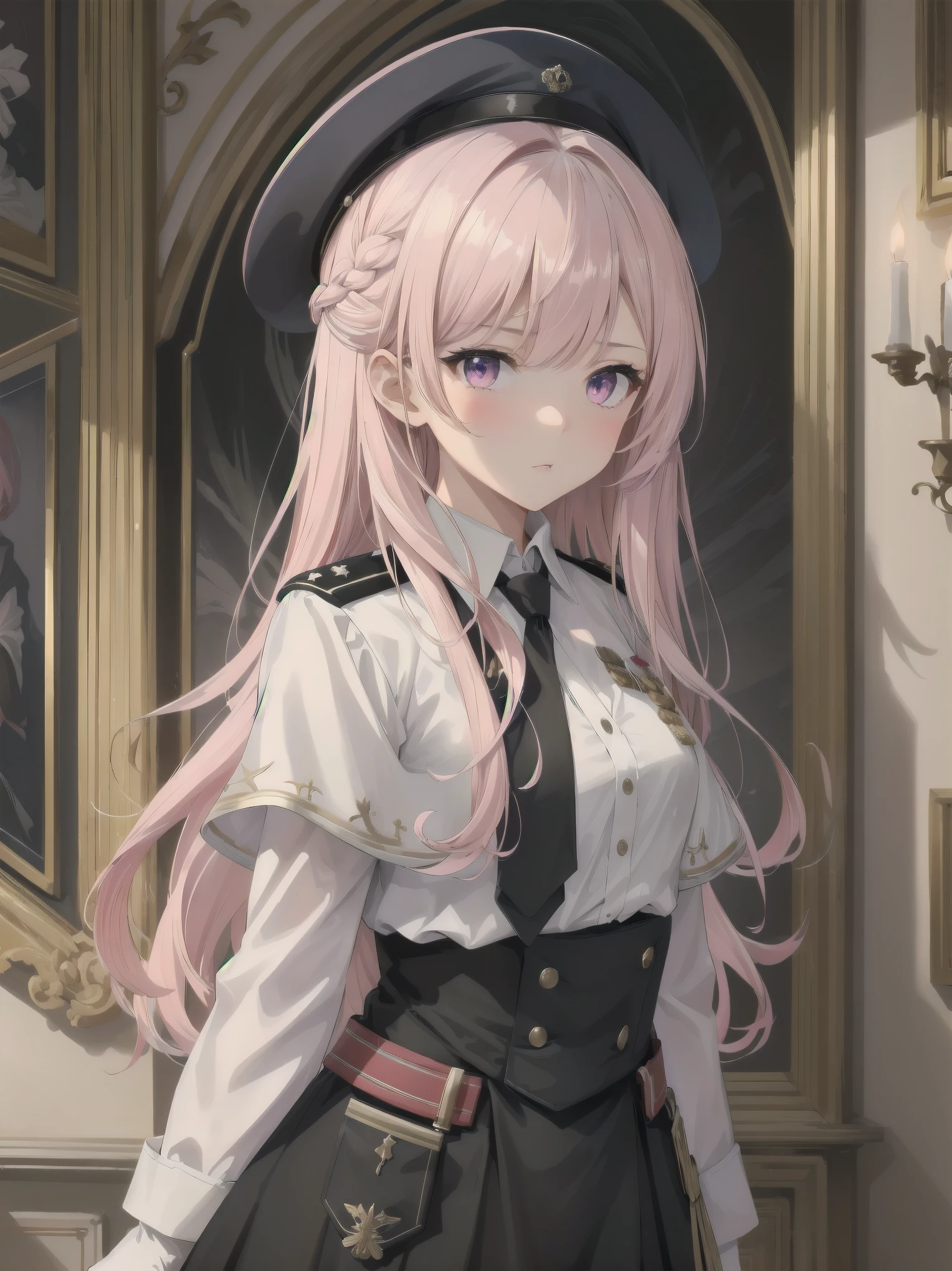 The girl wore a black German military uniform, The girl was draped in a black cloak, surreal, granblue fantasy style, extremely delicate and beautiful, upper body, looking at viewers, focus on eyes, hands behind back, grace, Perfect female body, girlan extremely delicate and beautiful girl, young, Very long hair, sliver hair, big forhead, hair over shoulder, shiny platinum blonde hair, long hair flowing with the wind, detailed face, serious, beatiful detailed eyes, medium chest circumference, white skin, holster, necktie, black capelet, gloves, German military uniform, black gauze skirt, formal, black Clothes, indoors, palace, State banquet, best masterpiece, hyper quality, ultra-detailed,purple eyes,Military uniform,1girl, solo, long hair, pink hair, hairclip, bangs, pink eyes, , pink bow, white shirt, collared shirt, long sleeves, grey skirt