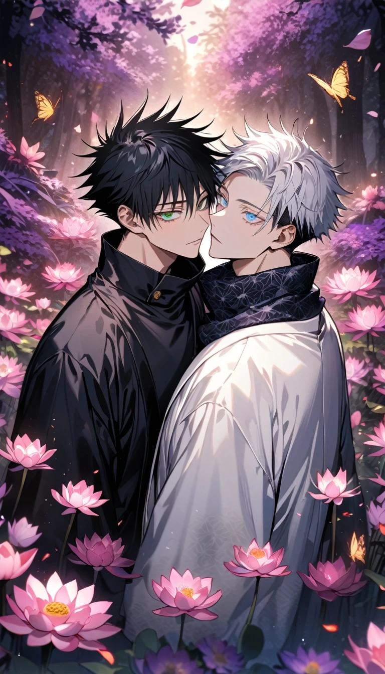 Ultra detailed, Highres, absurdres, HDR, master piece, Fushiguro Megumi, black hair, green eyes, Gojou Satoru, white hair with bangs, blue eyes, white eyelashes, Jujutsu Kaisen, black scarf, white haori, black kimono with patterns, 2 gay men together, gay couple, love, pink and violet forest, butterflies, pink lotus and petals, handsome, extremely detailed eyes and face,