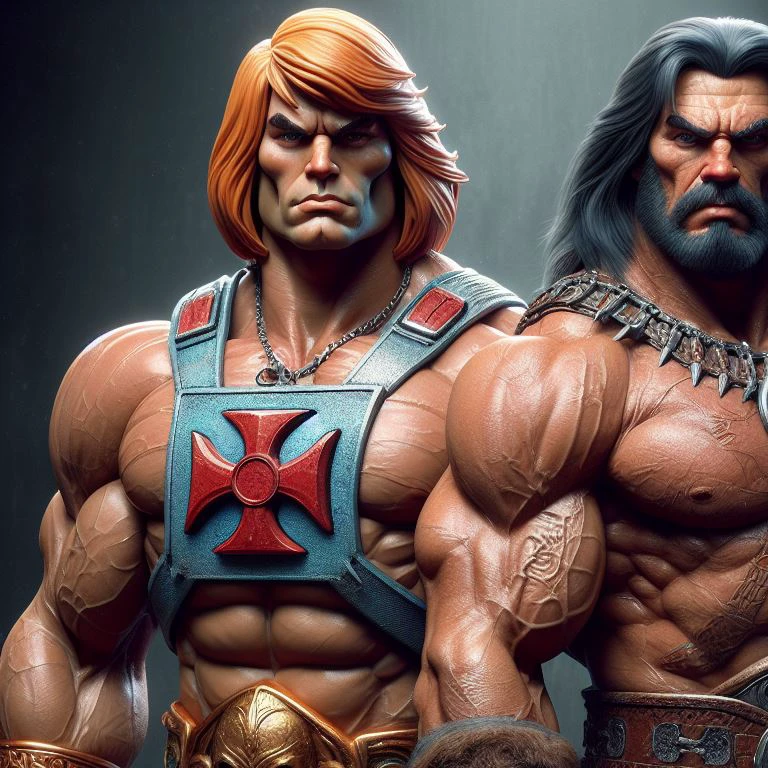 a close-up of two action figures of a man and a woman, mesmo estilo, ele homem, Ele homem, ele homem!!!!!, Ele homem!!!!!, Arnold e Zbrush, Ele homem, portrait of ele homem, portrait painting of ele homem, Ele homem with a dark manner, personagens musculosos, barbarian, barbarians, motu