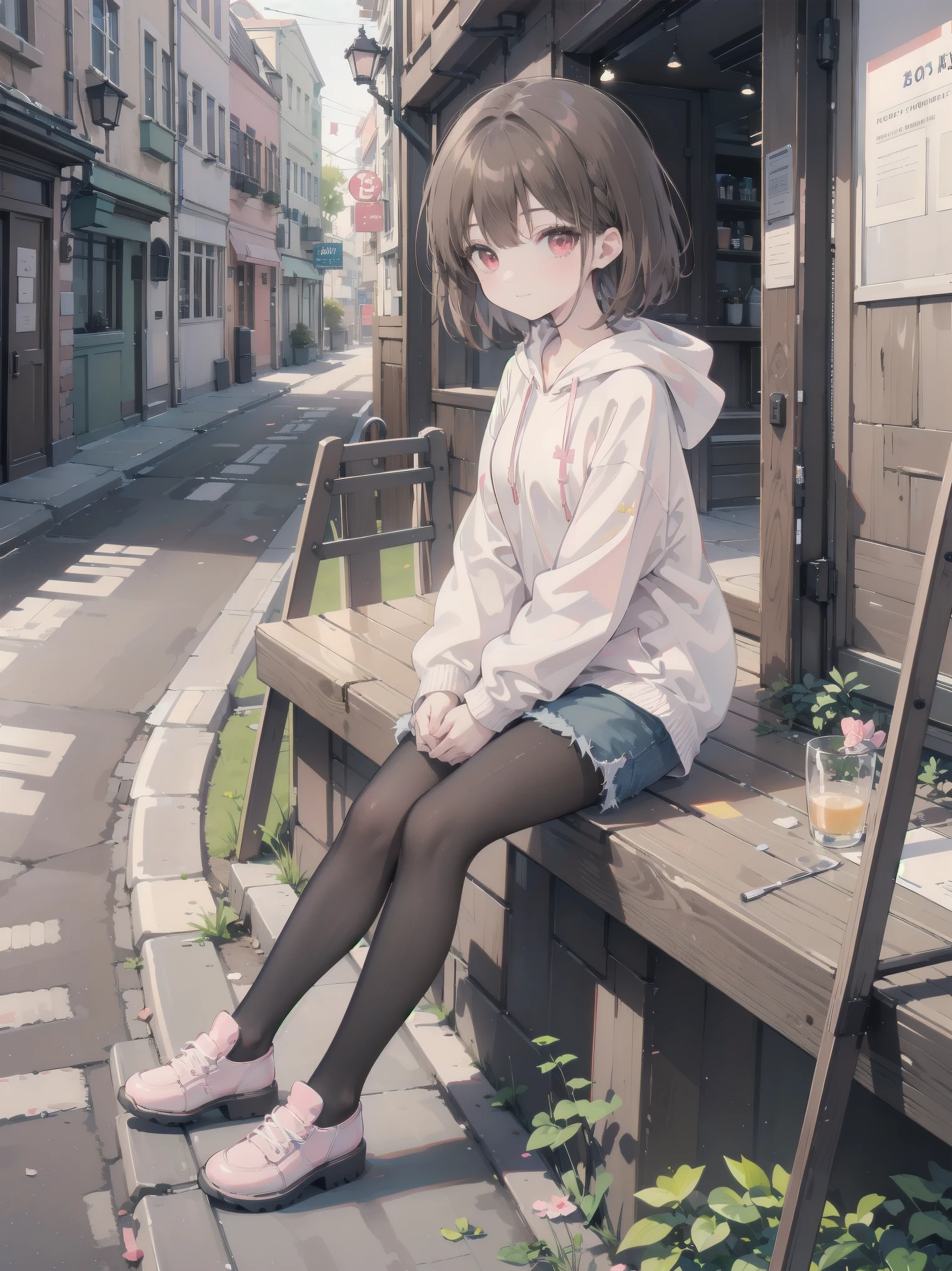 masterpiece, highest quality,Shiny,Abuse of chromatic aberration,pastel colour,whole body,Wide Shot,Perfect Eyes、 One girl,alone, ,Bob cut braids,Red eyes,Brown Hair,smile, View your viewers,Immature girl, architecture,wood,alley,Cobblestones,Sitting, with own hands, Pink hoodie, Black pantyhose,Denim shorts
