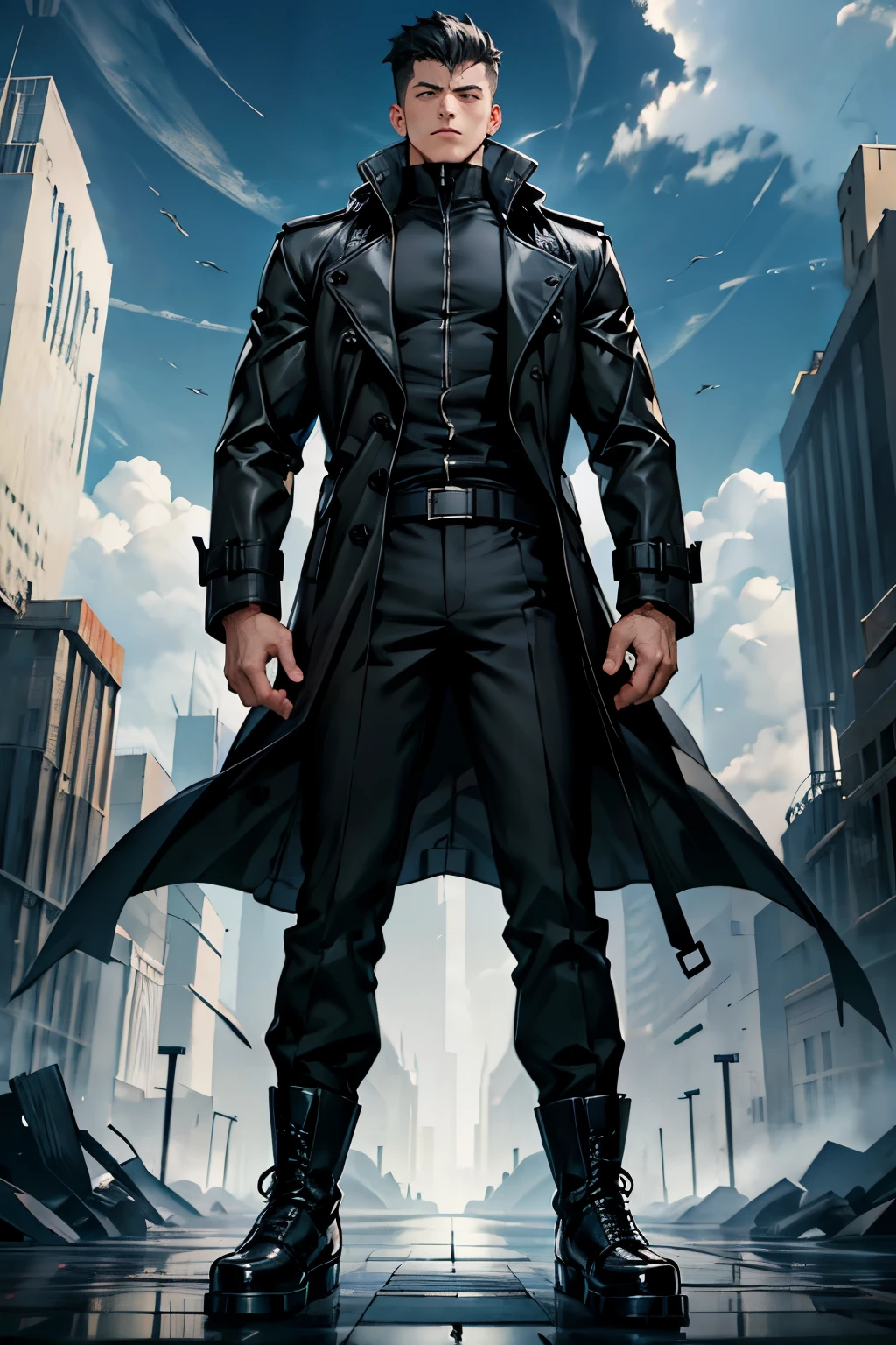 boys 26 Years old, Serious face, muscular, high cut short hair, wearing black trench coat, white shirts, black pants, high cut boots, ((hands behind back)), standing levitate on air, cloud, sky