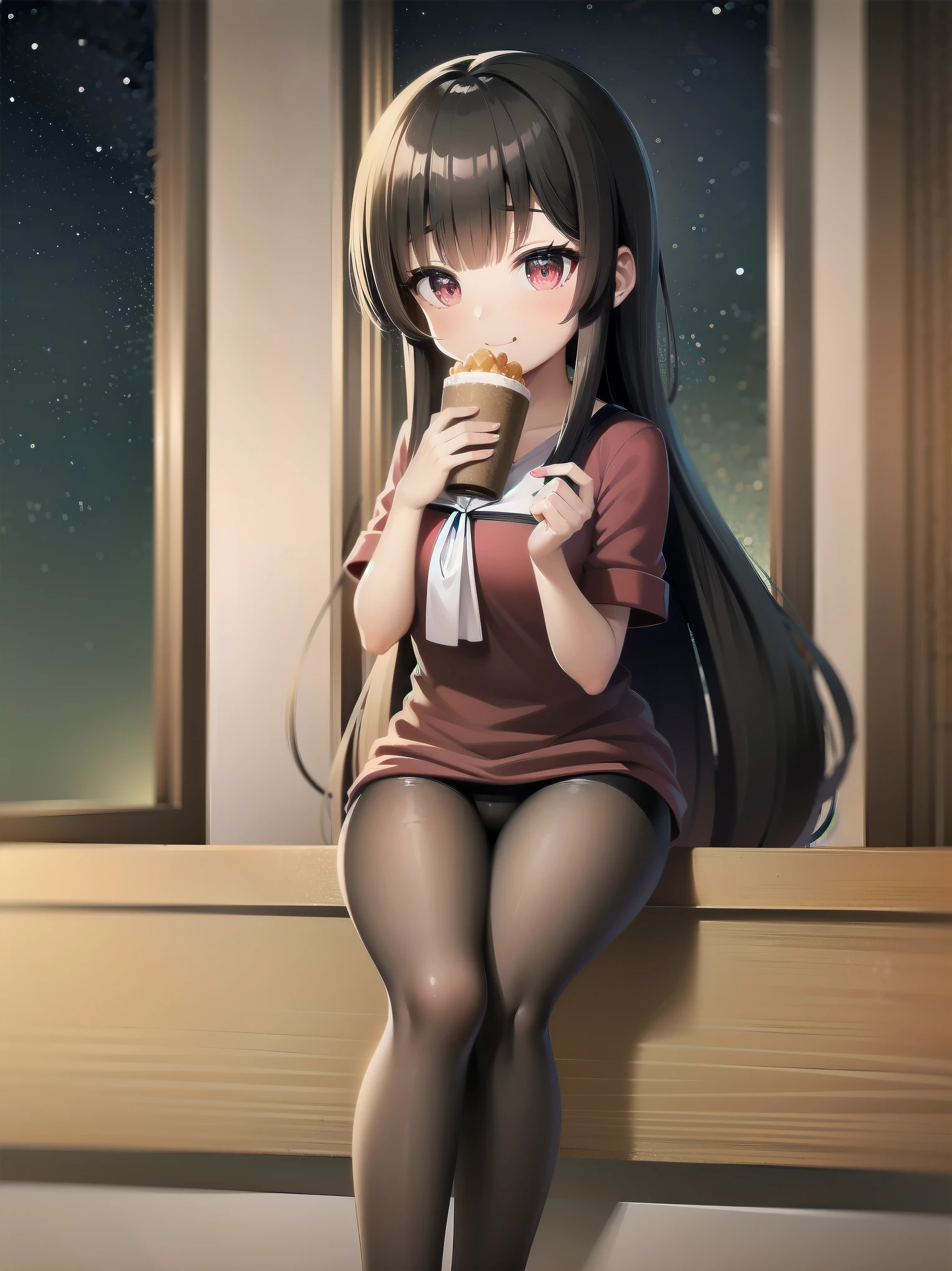 cute娘, One girl, 猫耳Food, ((cute)), masterpiece, highest quality, Perfect Face, Foodie, Food, look up, both hands, thin, fur, comfortable, warm, window, night, long Foodie, no_pants, 4K, wallpaper, close, Digital Art, Anime Style, Beautiful Eyes, Intimate, detailed, warm colors, Red eyes、Black pantyhose