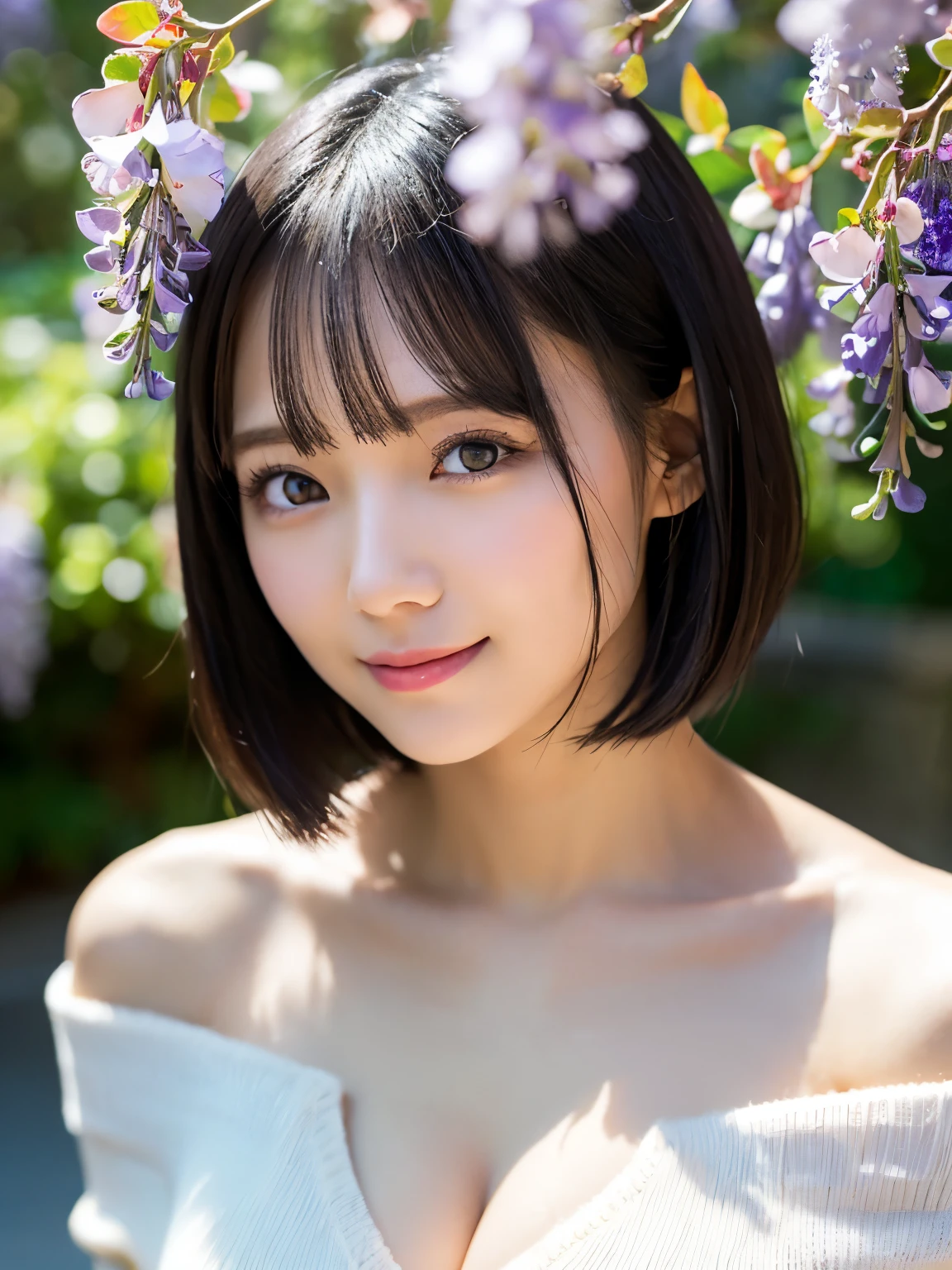 Medium Shot、((Upper Body))、(highest quality:1.5)、(Realistic:1.5)、(1 person:1.5)、(Very detailed)、(High resolution)、8k、((Wear a white off-the-shoulder sweater))、Slightly small breasts、Natural color lips、Cute Smile、20-year-old girl、(Beautiful and elaborate face)、(Perfect and beautiful face)、(Big eyes)、(Beautiful and elaborate face)、(Beautiful, balanced eyes)、Perfect and beautiful double eyelids、Perfect and beautiful face、Arched eyebrows、 Thin eyebrows、Feminine poses、Slim face、Slim figure、Beautiful and thin nose、 Beautiful Skin、(Medium Bob Hair)、Natural Bangs、Fair skin、Front lighting、(Lighting the face)、(Beautiful cleavage)、Deep blue eyes、Slim waistline、Standing in front of a tunnel of wisteria flowers、