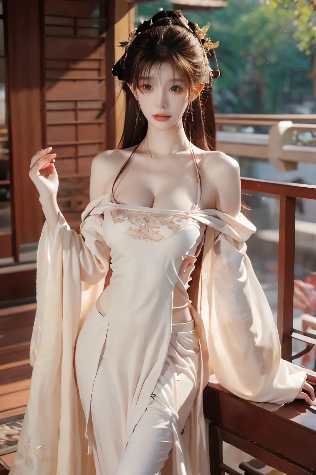 Beautiful woman with perfect body：1.4，Layered Hairstyle，Prominent cleavage，Highly detailed face and skin textures，Double eyelids，Skin Whitening，Long hair，Whitened long legs，（Golden low-cut Hanfu）Stand on the balcony