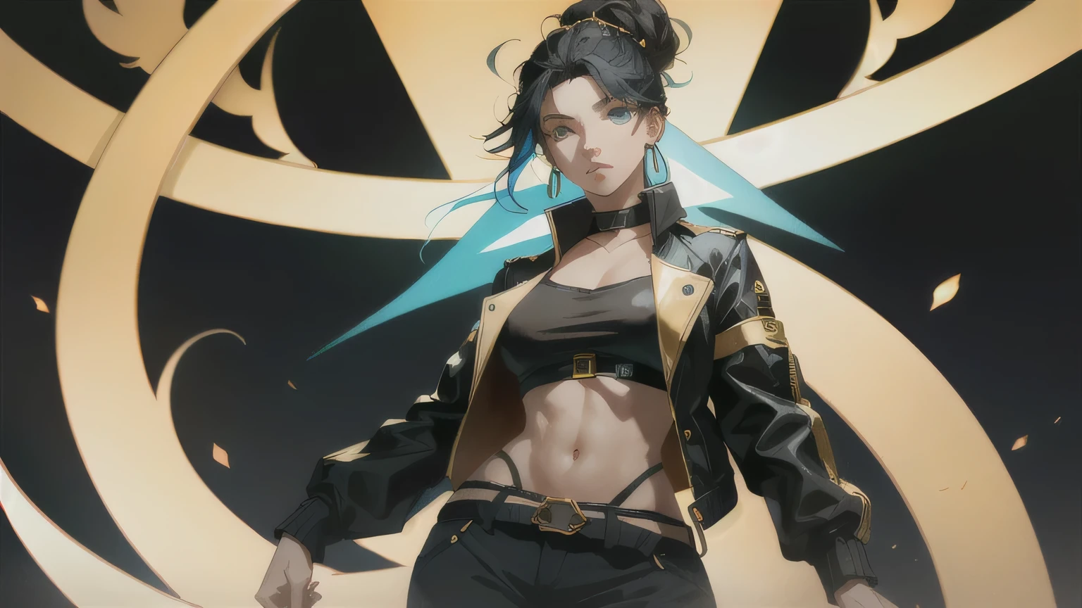 best quality, masterpiece, 8k wallpaper, absurd, highres, ultra detailed, (****ung beautiful girl, solo: 1.1), piercing eyes, navel, fingerless gloves, black cropped jacket with golden dragon pattern, gold dragon patterned jacket, crop top black, multicolored hair, single hair bun belt (loanword) ï1/4, earrings, black hair, black crop top, midriff, make-up, green hair, open jacket, two-tone hair, open shirt, blue eyes, lips, triangle earrings, gold belt, black hair, breasts, black pants, hoop earrings, standing, black gloves, blue hair, zipper, BREAK