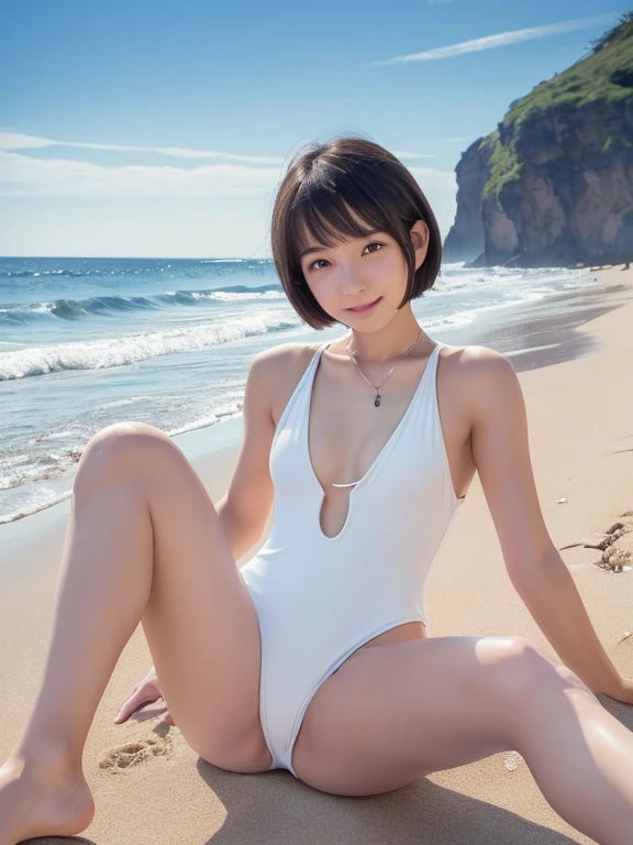 (best quality, 4K, high resolution, extremely detailed, photorealistic:1.37), realistic portrait, soft lighting, beautiful black hair, detailed brown eyes, bob cut, innocent smile, baby face, short, ((white, one-piece swimsuit:1.5)), ((slender, flat chest:1.5)), ((lying, legs up, spread legs:1.3)), nipples visible through clothes, pussy visible through clothes, playful expression, sandy beach, clear sky, waves crashing, far-reaching ocean view, nsfw, seed:3381980107,