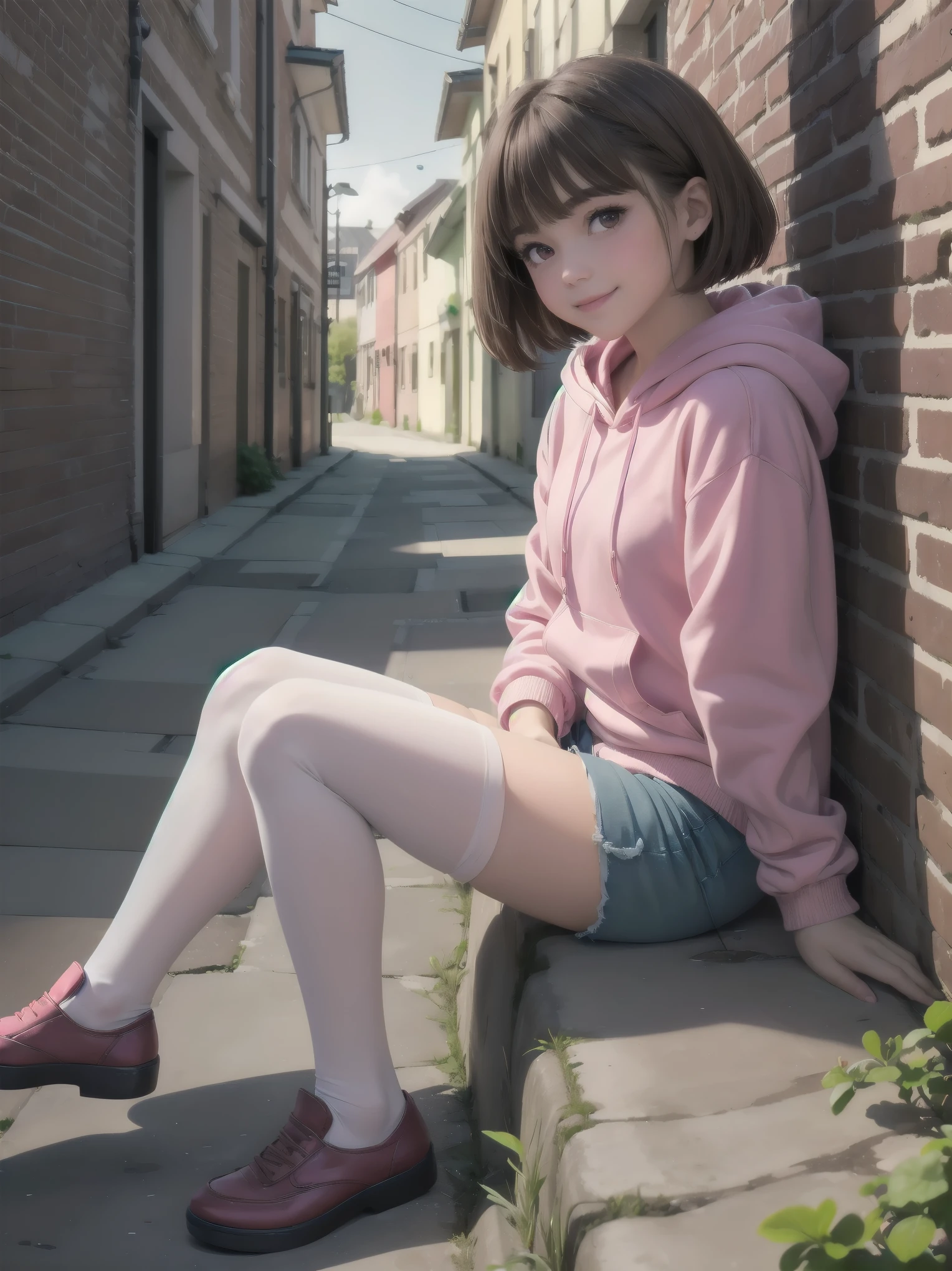 masterpiece, highest quality,Shiny,Abuse of chromatic aberration,pastel colour,whole body,Wide Shot,Perfect Eyes、 One girl,alone, ,Bob cut braids,Red eyes,Brown Hair,smile, View your viewers,Immature girl, architecture,wood,alley,Cobblestones,Sitting, with own hands, Pink hoodie, Black pantyhose,Denim shorts
