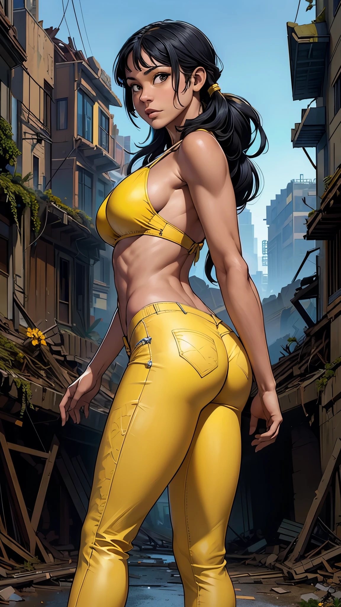 (La mejor calidad,A high resolution,Ultra - detallado,actual),Ariana Grande en bikini amarillo, bikini realistic,(cabello largo white canoso :1.4) ,(Background dungeon ruins alley in ruins big stones Tokyo :1.4 ), More detailed 8K.motor irreal:1.4,UHD,La mejor calidad:1.4, fotorrealista:1.4, textura de la piel:1.4, obra maestra:1.8,obra-prima, mejor calidad,objeto Objeto], (detailed face features:1.3),(Las proporciones correctas),(Ojos hermosos yellow :1.4 ),  (pose vaquero), (bikini V2.1), (perfect anatomy :1.4), (medias yellow brillantes/pantys:1.4),