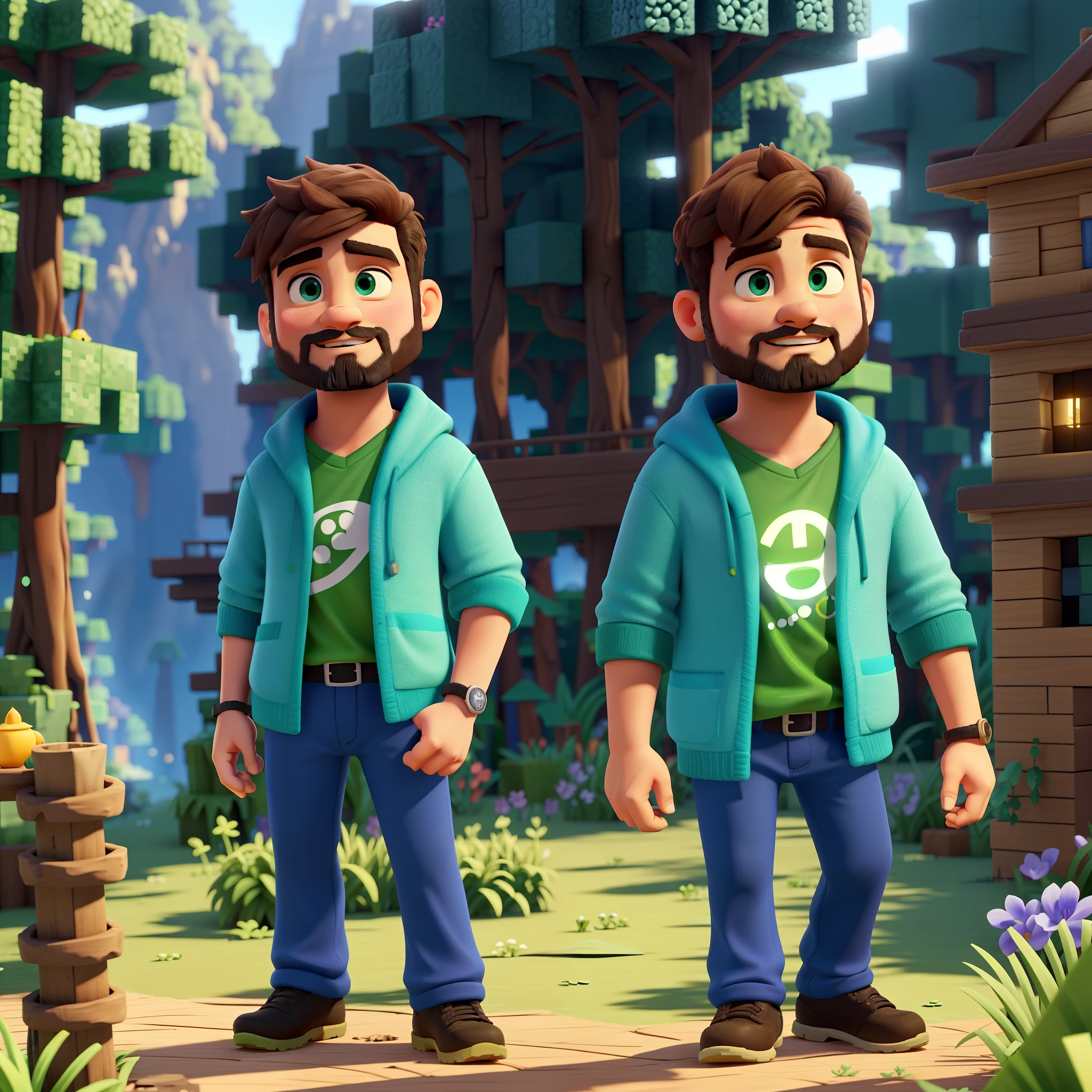 Um personagem de Minecraft com a letra A na barriga, dress in blue pants, que possui barba e olhos castanhosescuros, caminha pelo meio de um floresta sombria. The dense green foliage creates an enigmatic and mysterious atmosphere around you. His figure is illuminated by the bluish beam of light that comes from the cell phone in his hands., enquanto ele atualiza mapas ou outros recursos do jogo. A silhueta do personagem se destaca contra a faustosa natureza, en