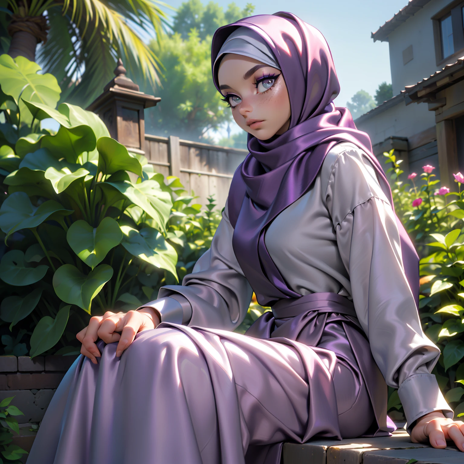 3dmm style, ((Masterpiece, best quality, photography, detailed skin, realistic, photo-realistic, 3D Character Design, pixar, real cartoon, 8k, highly detailed, full length frame, High detail RAW color art, diffused soft lighting, shallow depth of field, sharp focus, hyperrealism, cinematic lighting, ((close up)) hijab, a woman in a beautifully makeup, (purple eyeshadow), brown beautiful big eyes, long eye lashes, wearing ((Gray satin hijab)), loosely tide hijab style, ((satin shirt)), satin long maxi skirt, sitting in the garden, outdoors