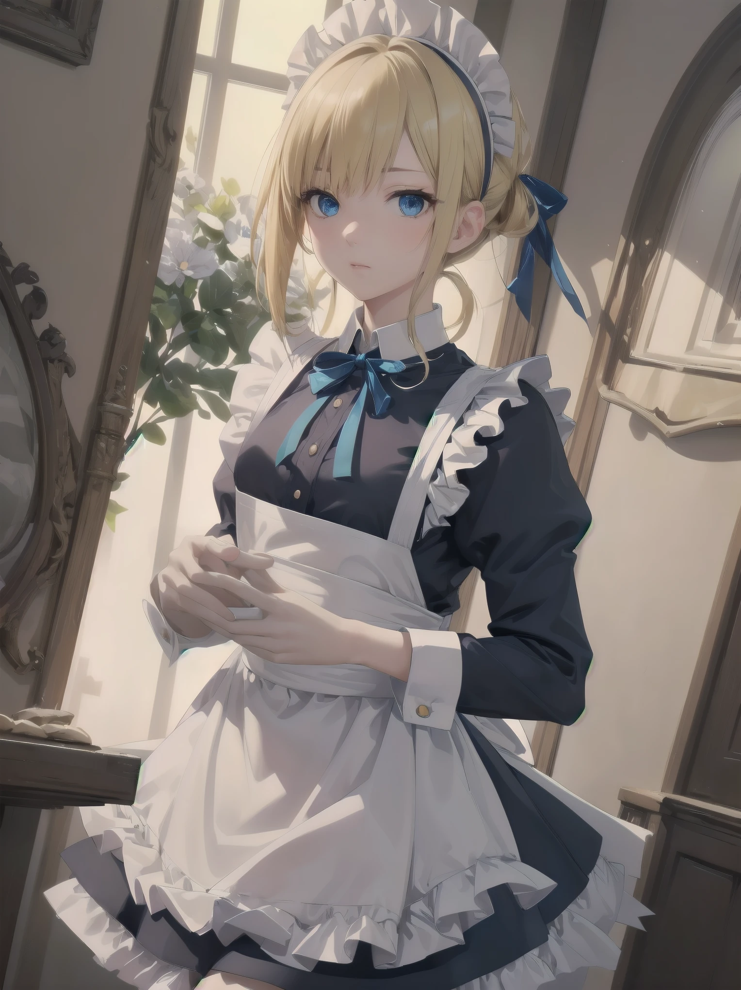 (Cowboy Shot:1.3),Blonde,Hello,blue eyes,tokidef, Maid, Maid headdress, Maid apron, Blue ribbon,masterpiece,Noise Reduction,Perfect Anatomy,High resolution, Very detailed,Game CG,Dutch Angle ,Beautiful fine details,Visual Arts,Five Fingers, Perfect hands, Perfect lighting,