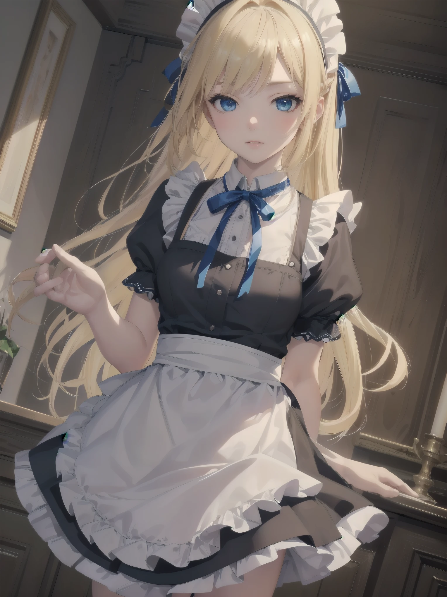 (Cowboy Shot:1.3),Blonde,Hello,blue eyes,tokidef, Maid, Maid headdress, Maid apron, Blue ribbon,masterpiece,Noise Reduction,Perfect Anatomy,High resolution, Very detailed,Game CG,Dutch Angle ,Beautiful fine details,Visual Arts,Five Fingers, Perfect hands, Perfect lighting,