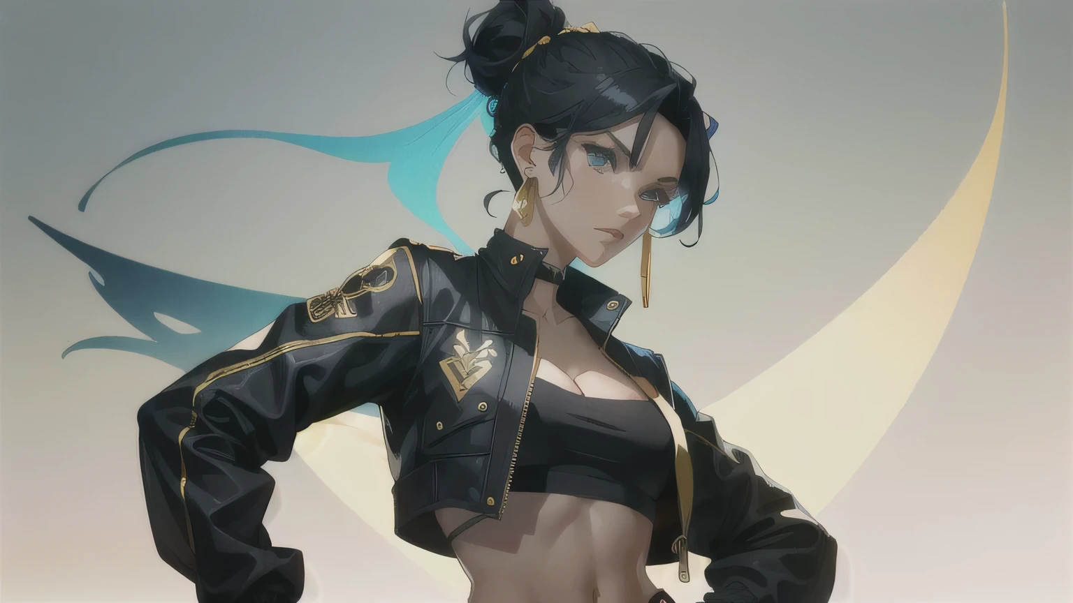 best quality, masterpiece, 8k wallpaper, absurd, highres, ultra detailed, (1 young beautiful girl, solo: 1.1), piercing eyes, navel, fingerless gloves, black cropped jacket with golden dragon pattern, gold dragon patterned jacket, crop top black, multicolored hair, single hair bun belt (loanword) ï1/4, earrings, black hair, black crop top, midriff, make-up, green hair, open jacket, two-tone hair, open shirt, blue eyes, lips, triangle earrings, gold belt, black hair, breasts, black pants, hoop earrings, standing, black gloves, blue hair, zipper, BREAK