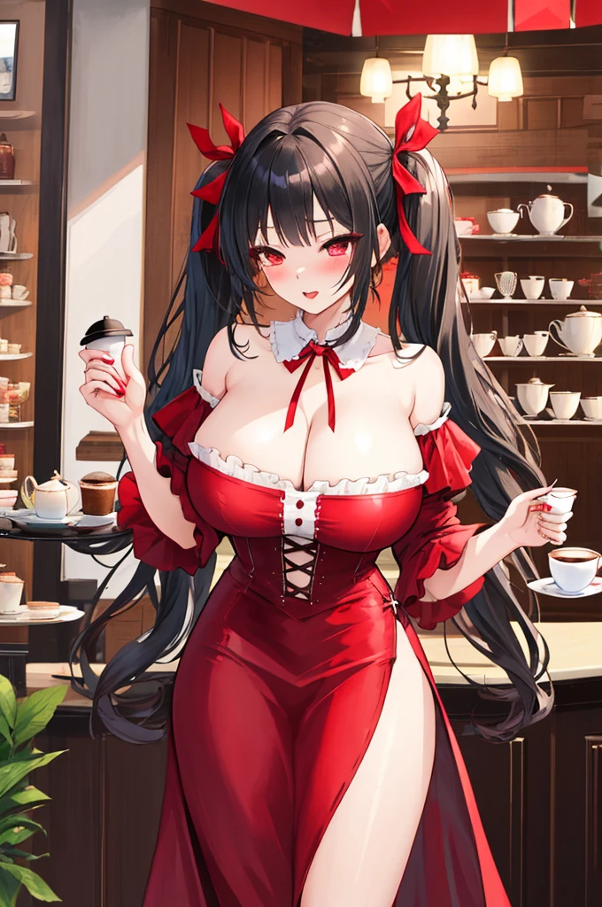 A woman with big ,Gorgeous woman,Mature,ahegao,Black long hair,twintails,Exquisite,(((transparent))),Red ribbon,Red ta,Off-shoulder,Cleavage,Slim waist,pubic,blush,Coffee Shop,afternoon tea,