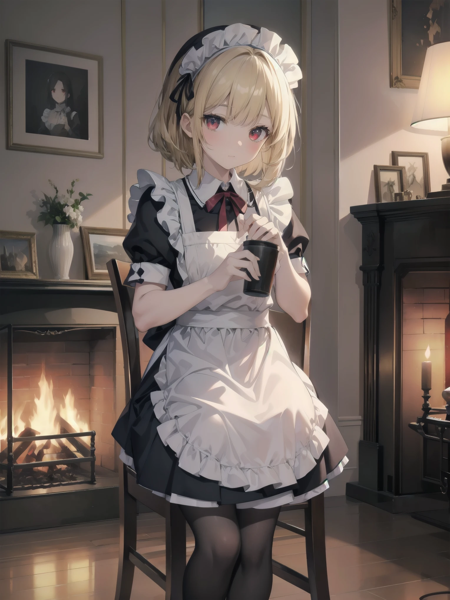 (Cowboy Shot:1.3),Blonde,Perfect Eyesm,Red eyes,solo、 Maid, Maid headdress, Maid apron, Blue ribbon,masterpiece,Noise Reduction,Perfect Anatomy,High resolution, Very detailed,Game CG,Dutch Angle ,Beautiful fine details,Visual Arts,Five Fingers, Perfect hands, 完璧なillumination,Luxury House、table、illumination、fireplace、Chair、High-end furniture、sit、Turning from sideways、Beautiful feet、Black pantyhose