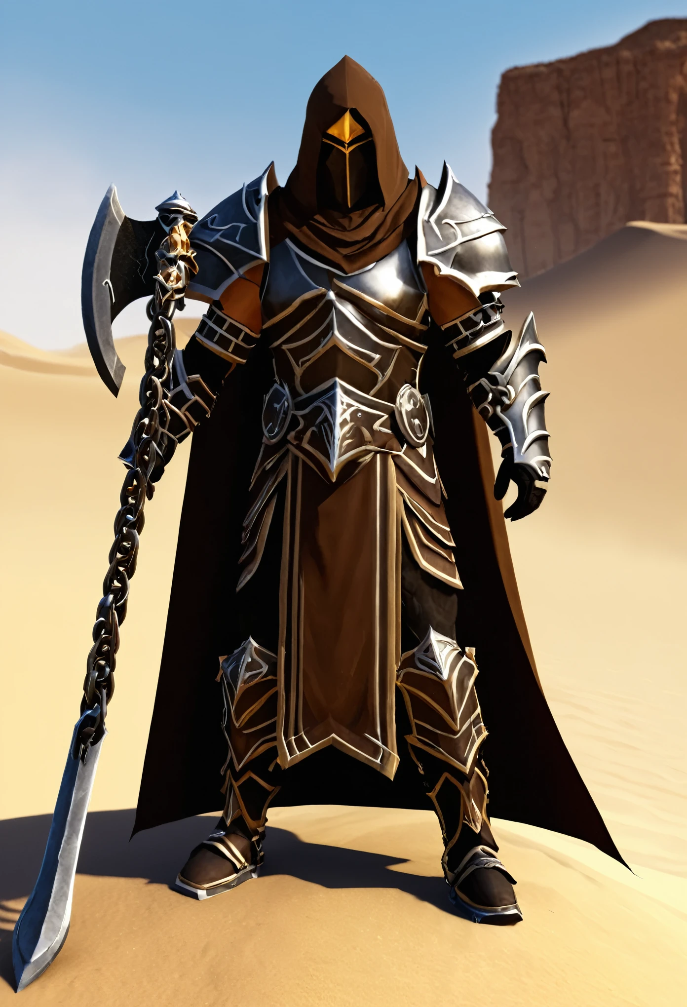 Warforge, dual great axe, chain armor, brown cloak, desert background