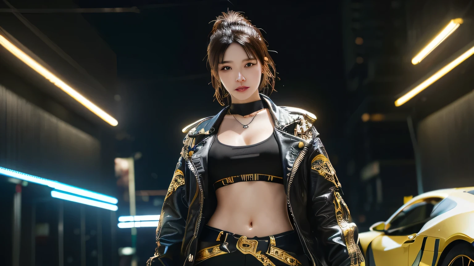 there is a woman in a black and gold outfit posing for a picture, iu lee ji-eun as a super villain, 8k artgerm bokeh, shot on canon eos r5, shot on canon eos r 5, wearing cyberpunk 2 0 7 7 jacket, cyberpunk 2 0 y. o model girl, captured on canon eos r 6, tifa lockhart