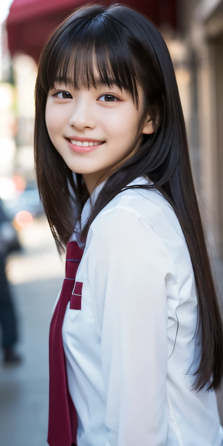 1 girl, (Please wear your high school uniform:1.2), (13 years old:1.5), （original　Cai Neihua）, Young Face, Cute face, (RAW Photos, highest quality), (Realistic, Photorealistic:1.4), Flying debris, Sharp focus, Very delicate and beautiful, Very detailed, 2k wallpaper, wonderful, finely, Very detailed CG Unity 8K 壁紙, Very detailed, High resolution, Soft Light, Beautiful detailed girl, Very detailed目と顔, Beautiful and detailed nose, Beautiful and detailed, Blake Springs Street Corner, Cinema Lighting, Perfect Anatomy, Slender body, Straight and long, Long Hair, Parted bangs, An innocent smile, （Looking at the audience）,