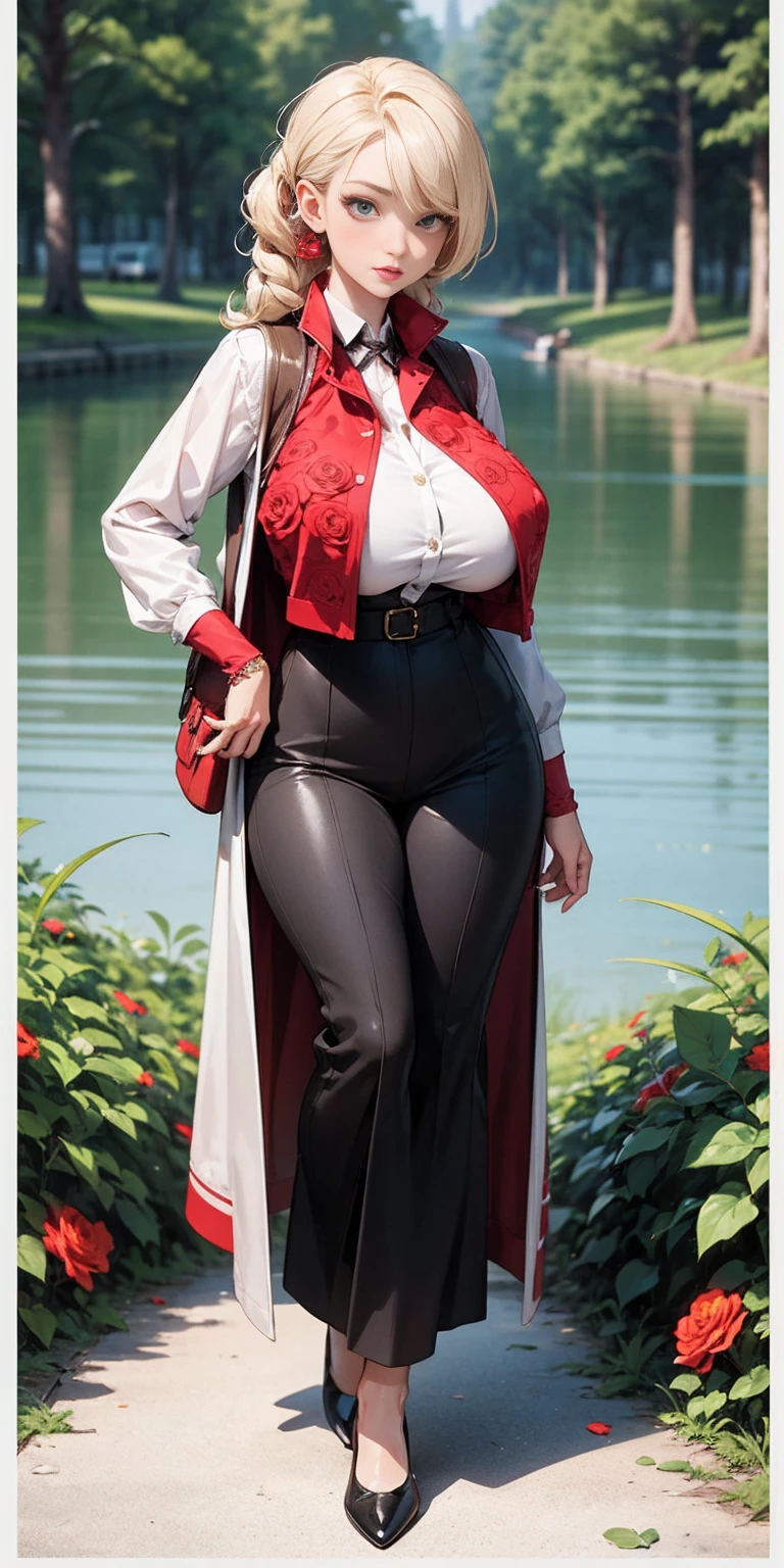 1 girl, frozen lake, FEMALE, big breasts, voluminous breasts, curvy breasts, mesh stockings, standing with a bouquet (red roses) full height, bottom view, best quality, very detailed, ultra 8k resolution, huge breast, coat, vest, long skirt, portrait, full body, Victoria's clothing, long dress, knight, pants, black skin suit, medieval city, plants, vest, polo shirt, forest, long skirt