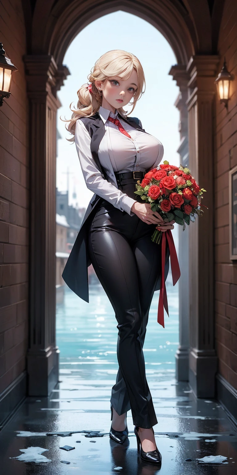 1 girl, frozen lake, FEMALE, big breasts, voluminous breasts, curvy breasts, mesh stockings, standing with a bouquet (red roses) full height, bottom view, best quality, very detailed, ultra 8k resolution, huge breast, coat, vest, long skirt, portrait, full body, Victoria's clothing, long dress, knight, pants, black skin suit, medieval city, plants, vest, polo shirt, forest, long skirt