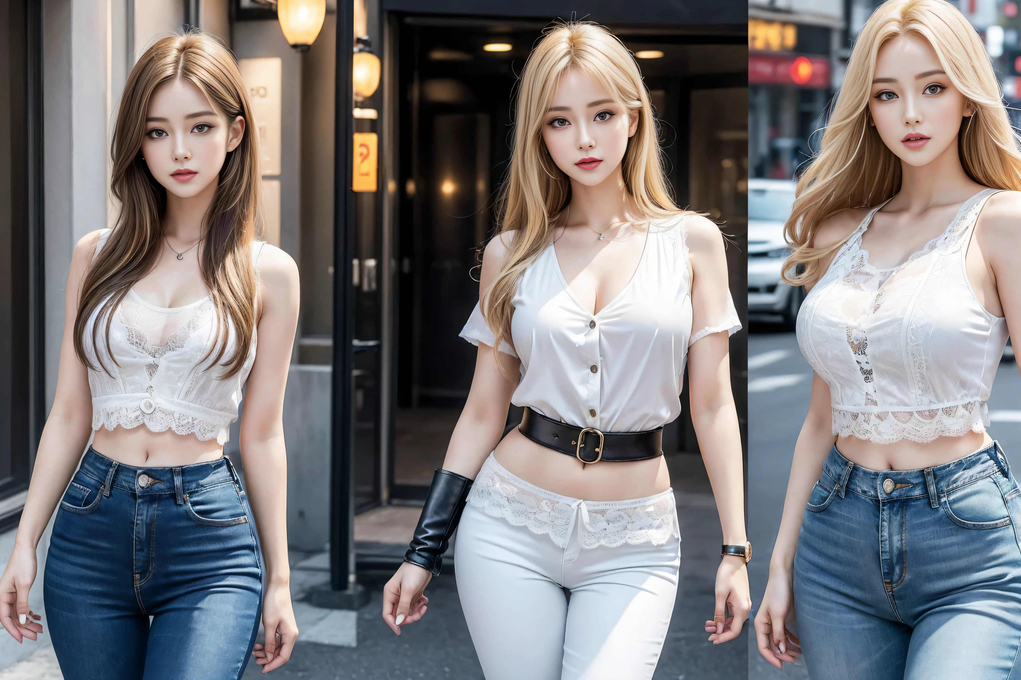 ((Realistic lighting, best quality, 8K, masterpiece:1.3)), (Lock focus:1.2), (2 sisters),(Beautiful woman with perfect figure:1.4), : 2 beautiful Korean girls, Korean pop idol,Leg length,(Pale skin), (big eyes),(Smile:0.8),(Plump and sexy lips), Complex and detailed face, ((Super delicate skin)),Delicate face,Ultra-thin face,Fine Eyes,Double eyelids,((blonde)), (White lace underwear:1.4),Background Shibuya street,emphasize,Ultra-thin face,Fine Eyes,Double eyelids,(Start from below:1.attitude,(Mid-chest:1.2),Sexy long legs, (Thigh gap:1.5),Wide hips,S-Shaped Body,Vest line, Hips lifted,Leg length,Skinny denim trousers,Shooting from the front,Body proportions,Over-the-knee leather boots,