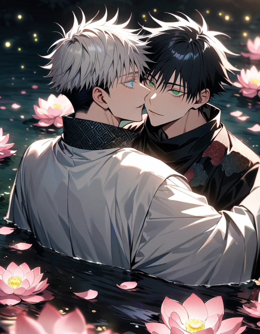 Ultra detailed, Highres, absurdres, HDR, master piece, Fushiguro Megumi, black hair, green eyes, Gojou Satoru, white hair with bangs, blue eyes, white eyelashes, Jujutsu Kaisen, black scarf, white haori, black kimono with patterns, 2 sexy gay men together, gay couple, love, shining fireflies, water, pink lotus and petals, handsome, extremely detailed eyes and face, yaoi
